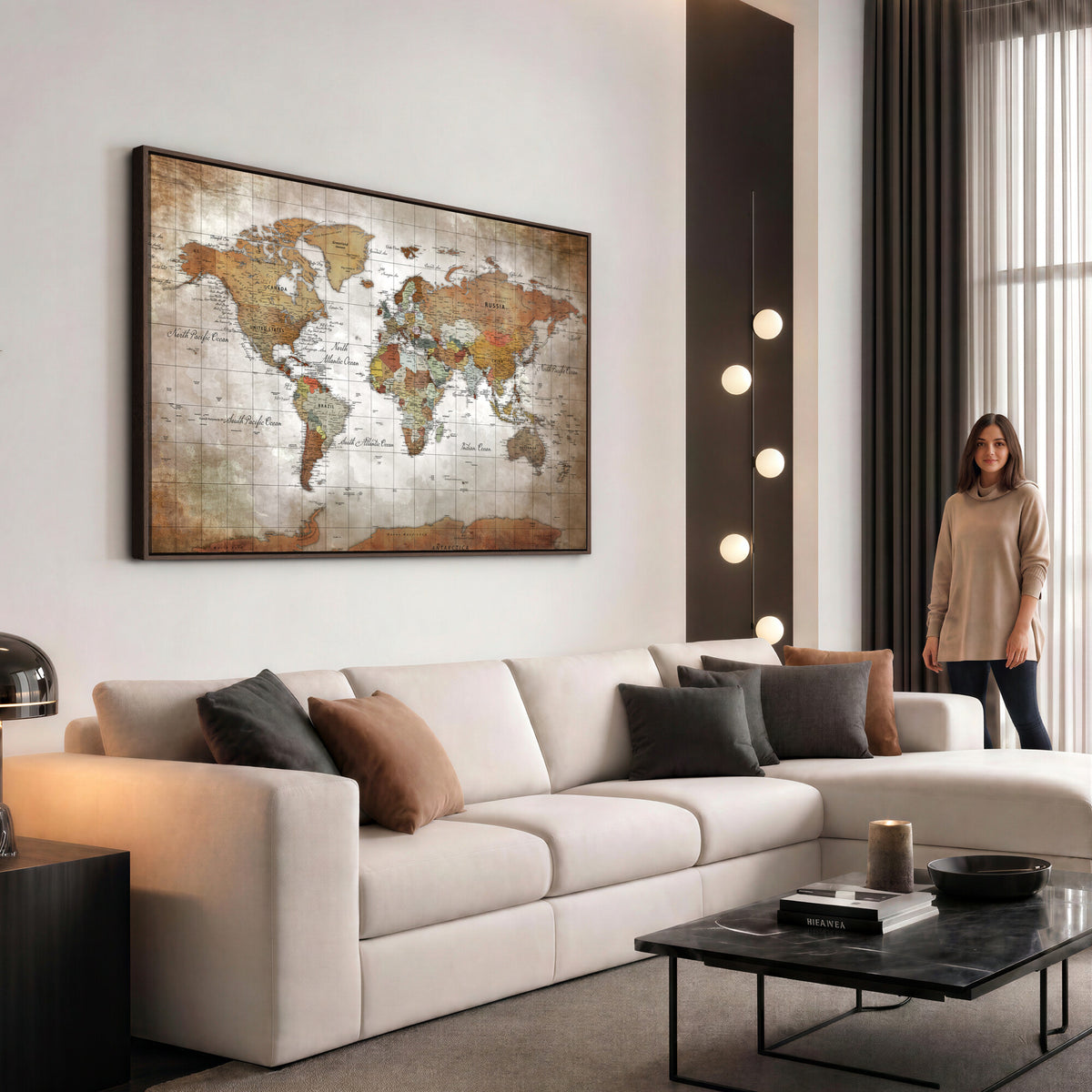 51643807-MGV-CV-36X24 - World Map Wall Art Canvas Print, Modern Decorative Framed Map Artwork Prints for Living Room, Office, Bedroom Wall Decor