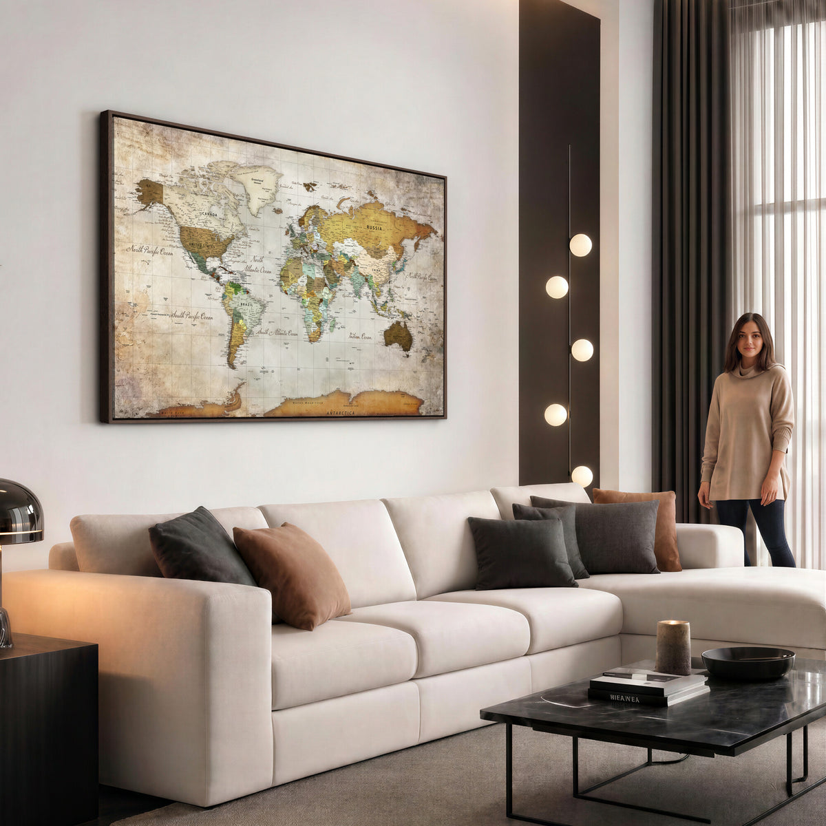 86108417-MGV-CV-36X24 - World Map Wall Art Canvas Print, Modern Decorative Framed Map Artwork Prints for Living Room, Office, Bedroom Wall Decor