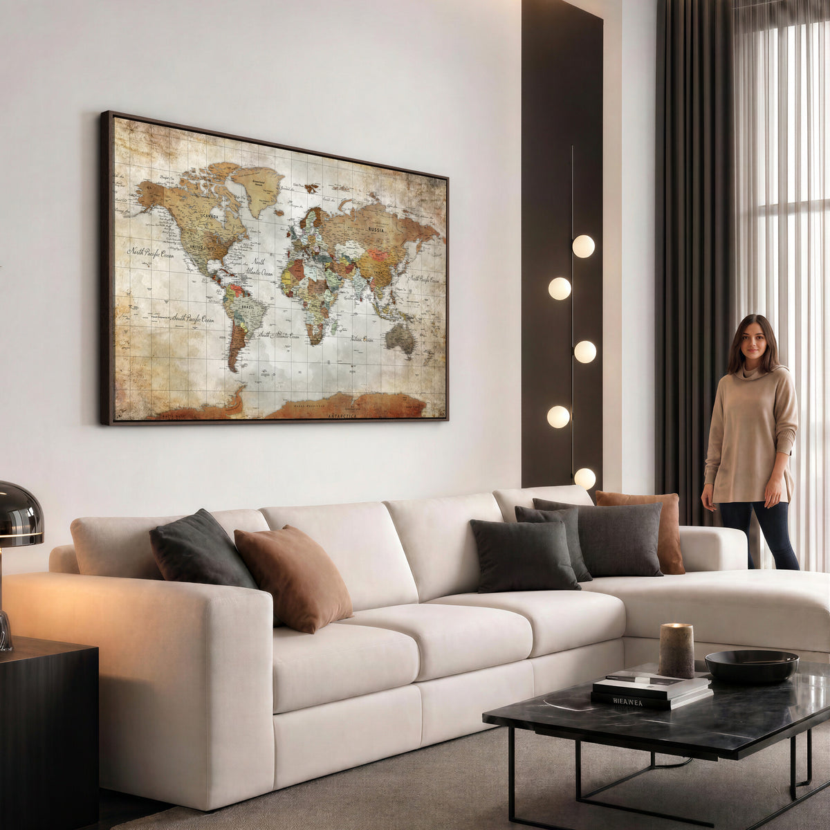 19855445-MGV-CV-36X24 - Custom Framed Modern Push Pin World Map Wall Art, Places Visited Tracker, Home Office and Entryway Decor