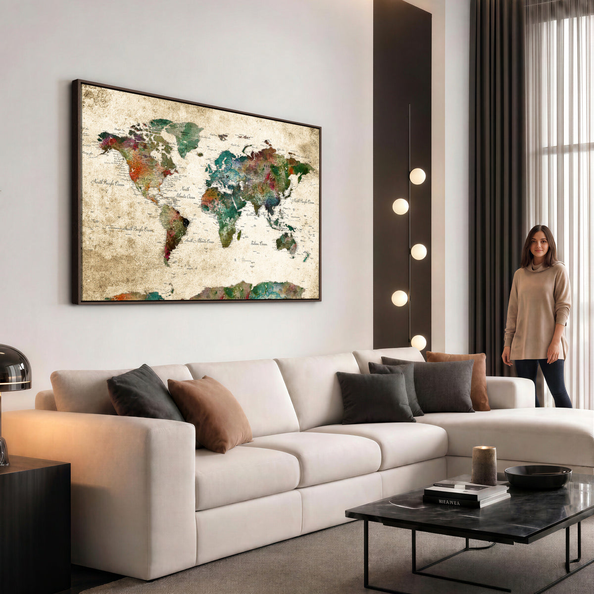 87544591-MGV-CV-36X24 - World Map Wall Art Canvas Print, Modern Decorative Framed Map Artwork Prints for Living Room, Office, Bedroom Wall Decor