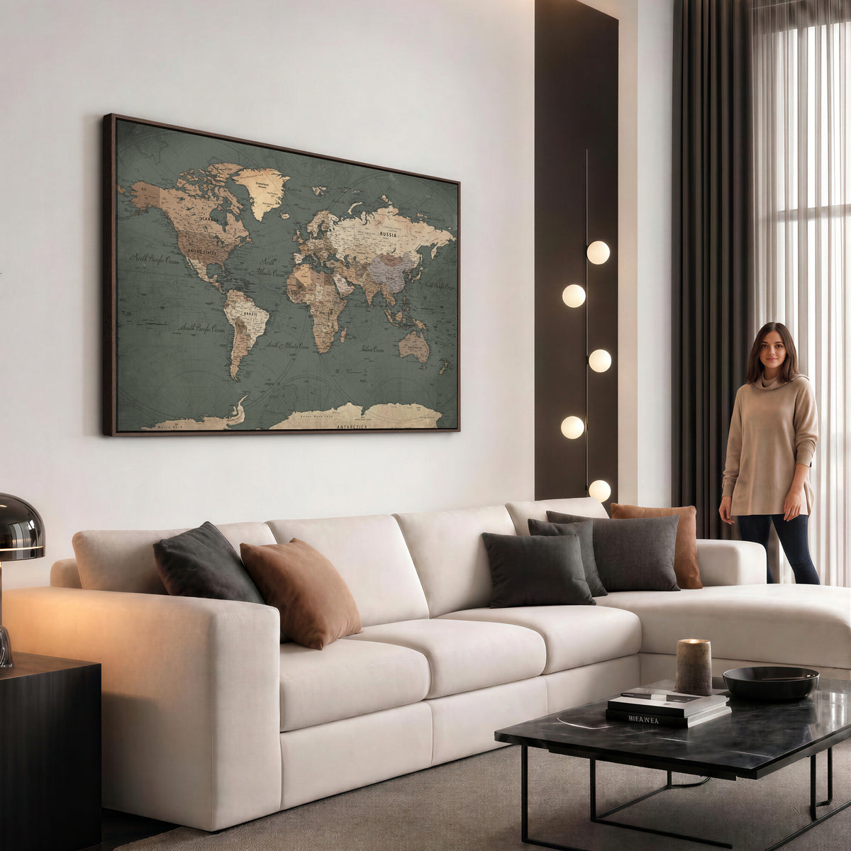 84619399-MGV-CV-36X24 - World Map Wall Art Canvas Print, Modern Decorative Framed Map Artwork Prints for Living Room, Office, Bedroom Wall Decor