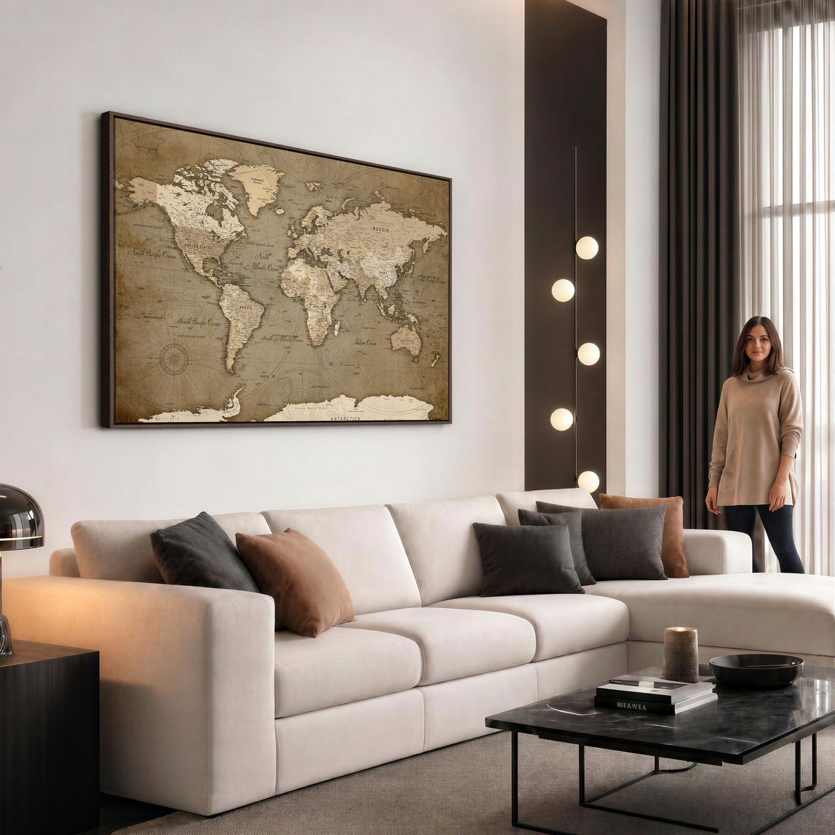 82314635-MGV-CV-36X24 - World Map Wall Art Canvas Print, Modern Decorative Framed Map Artwork Prints for Living Room, Office, Bedroom Wall Decor