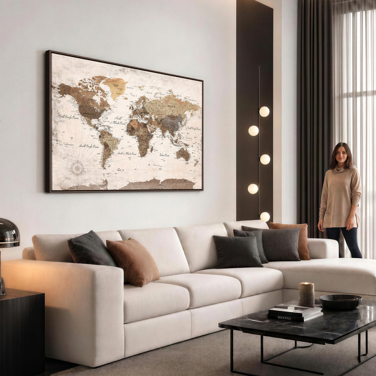 38923639-MGV-CV-36X24 - World Map Wall Art Canvas Print, Modern Decorative Framed Map Artwork Prints for Living Room, Office, Bedroom Wall Decor