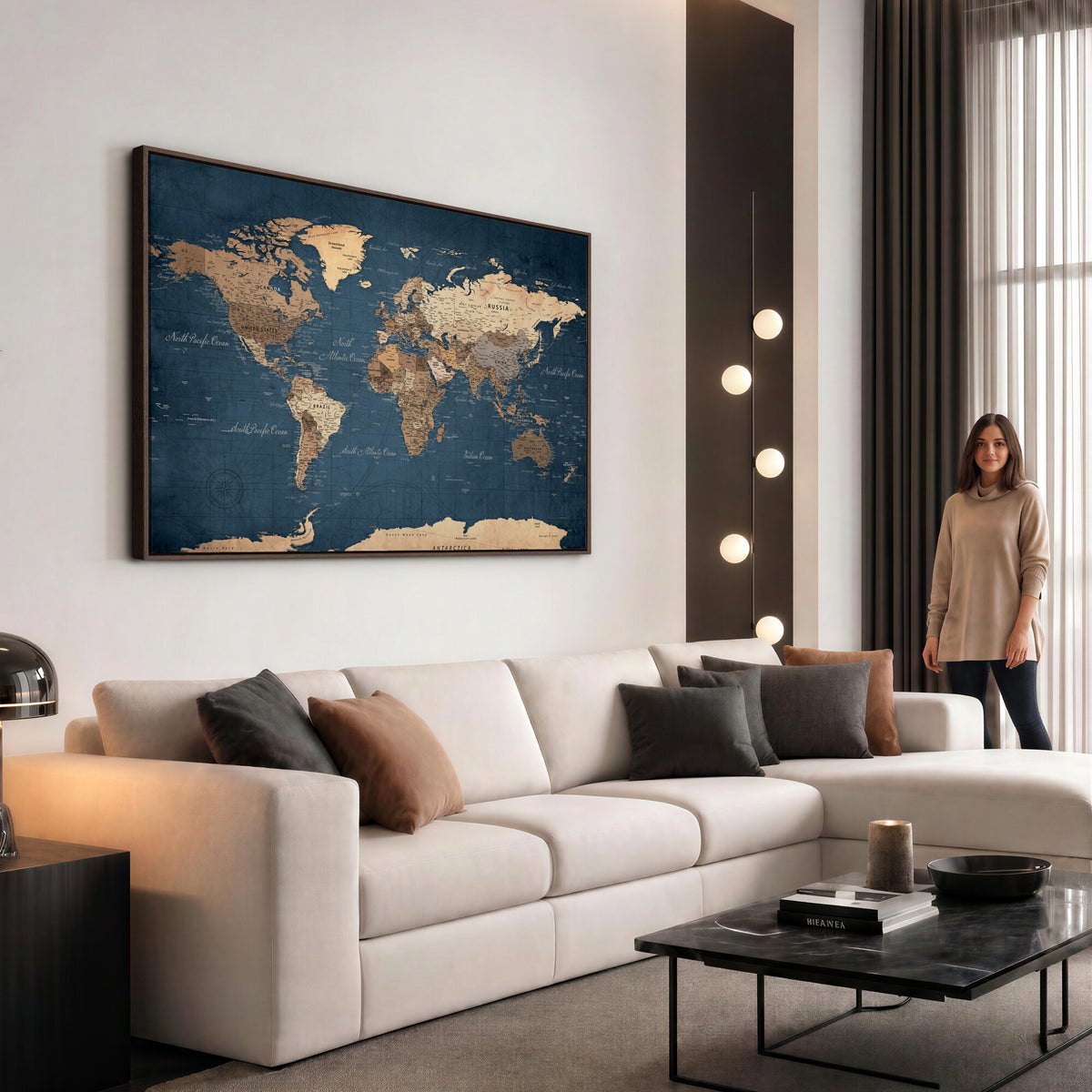 69886352-MGV-CV-36X24 - World Map Wall Art Canvas Print, Modern Decorative Framed Map Artwork Prints for Living Room, Office, Bedroom Wall Decor