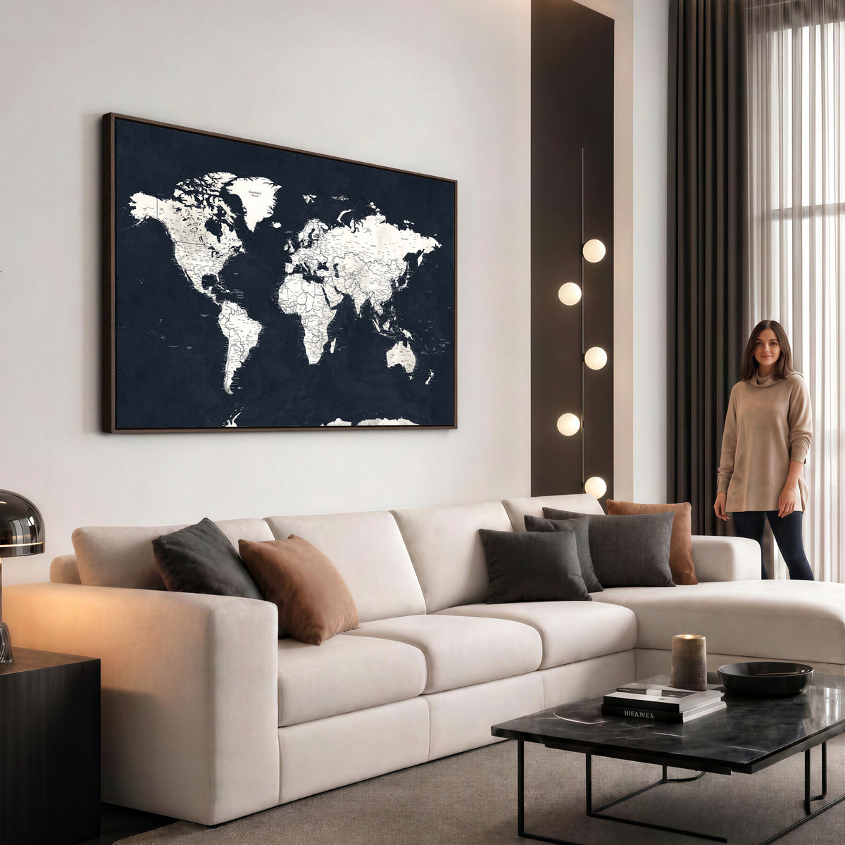 11963807-MGV-CV-36X24 - Black World Map Wall Art Canvas Print for Home Office and Meeting Room Decor