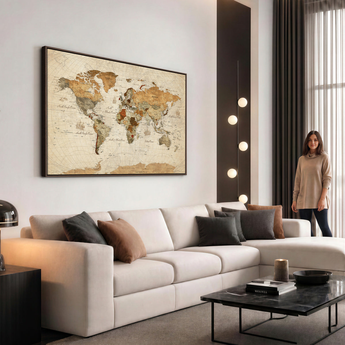 29684537-MGV-CV-36X24 - Vintage World Map Canvas Print, Framed Rustic Detailed Map of the World, Explorer Decor