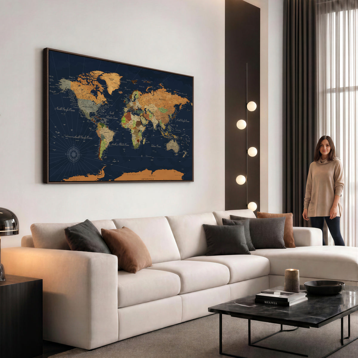 11715182-MGV-CV-36X24 - Modern World Map Canvas Print, Framed Detailed Map of the World Wall Art