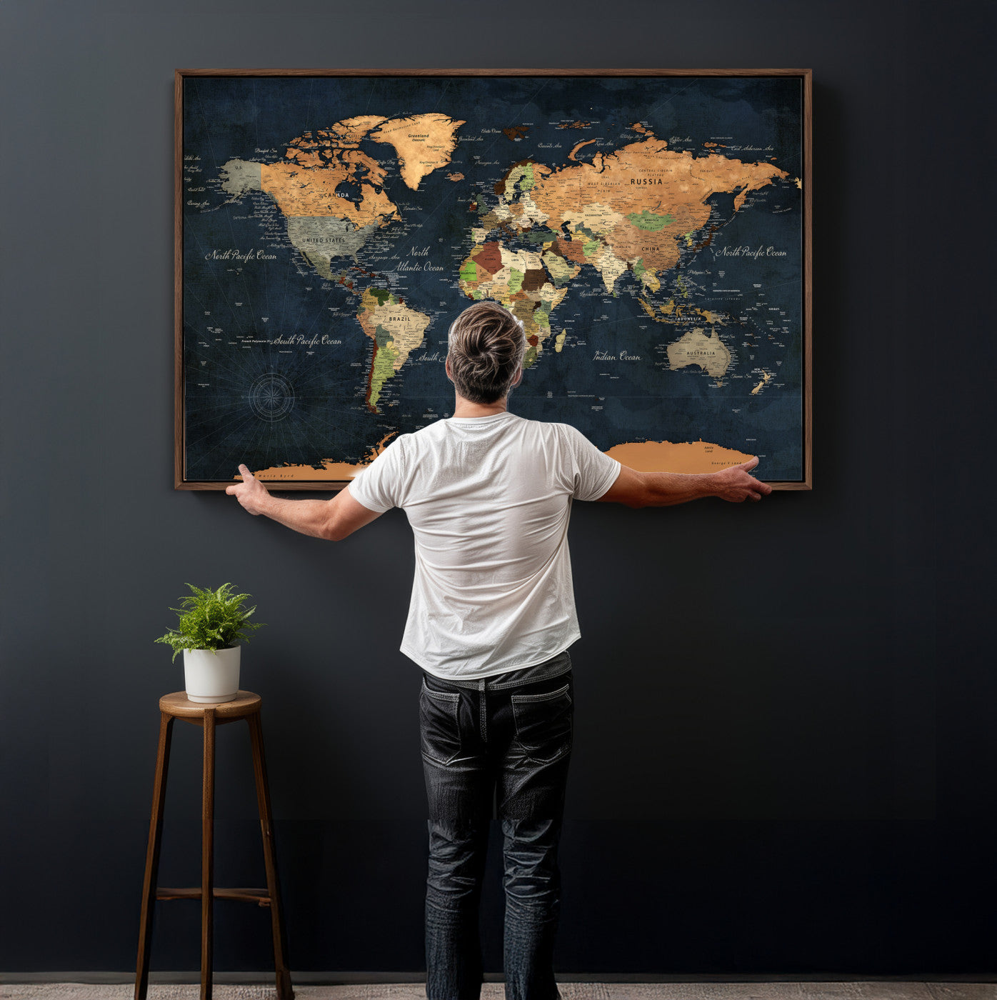 53717402-MGV-CV-36X24 - World Map Wall Art Canvas Print, Modern Decorative Framed Map Artwork Prints for Living Room, Office, Bedroom Wall Decor