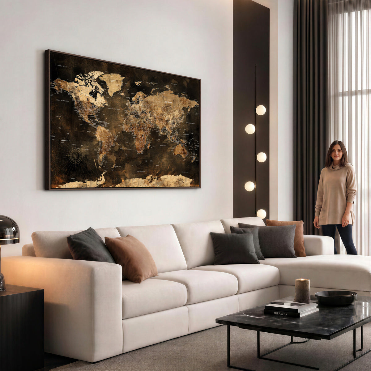 97742922-MGV-CV-36X24 - World Map Canvas Print, Modern Decorative Framed Map Artwork