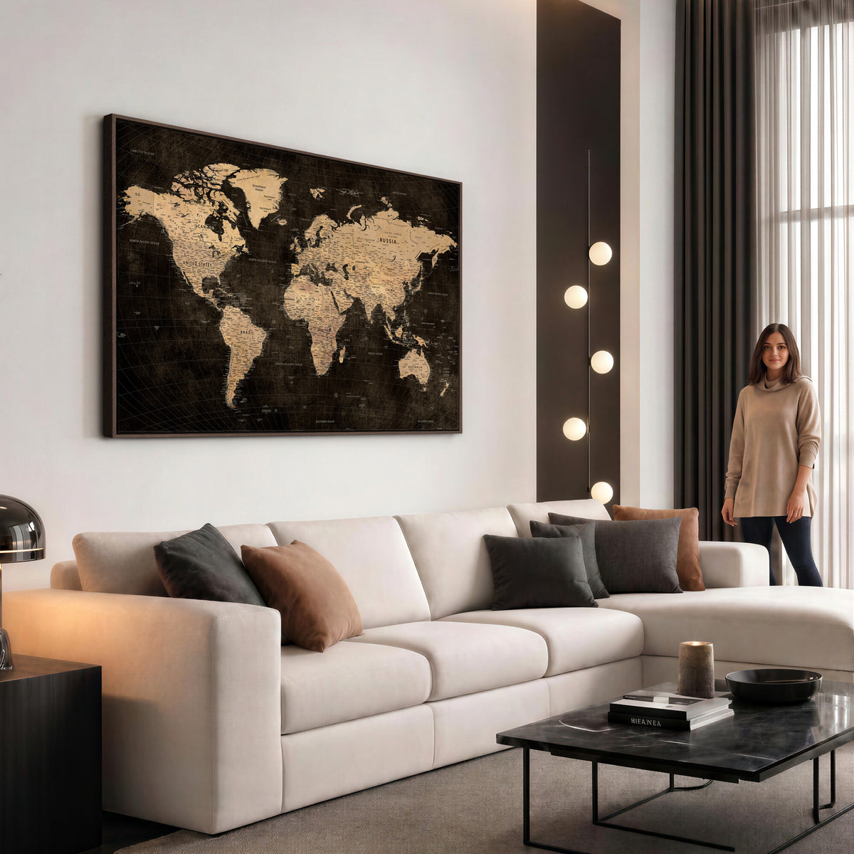 15118265-MGV-CV-36X24 - Brown World Map Canvas Print | Modern Travel Map Wall Art