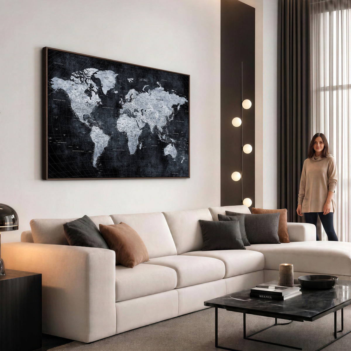 86893704-MGV-CV-36X24 - Black World Map Canvas Print | Detailed Map for Couples and Anniversary Gift