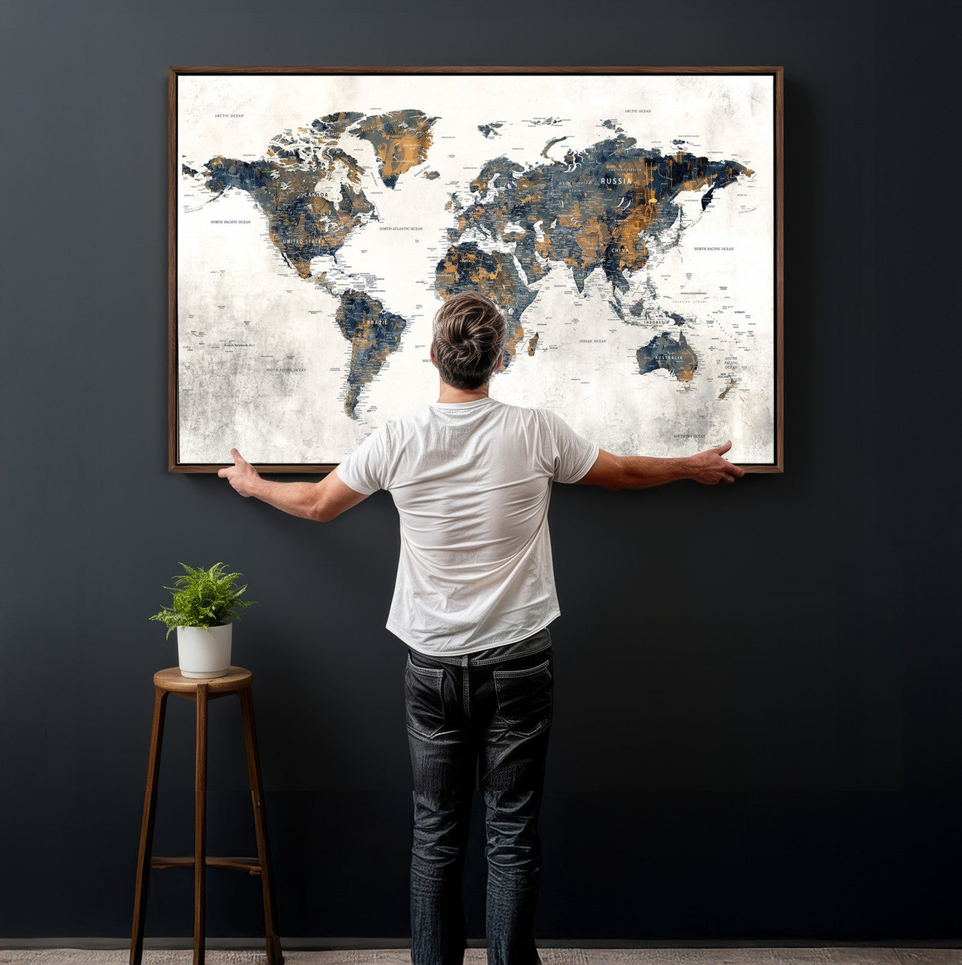 52451147-MGV-CV-36X24 - World Map Wall Art Canvas Print, Modern Decorative Framed Map Artwork Prints for Living Room, Office, Bedroom Wall Decor
