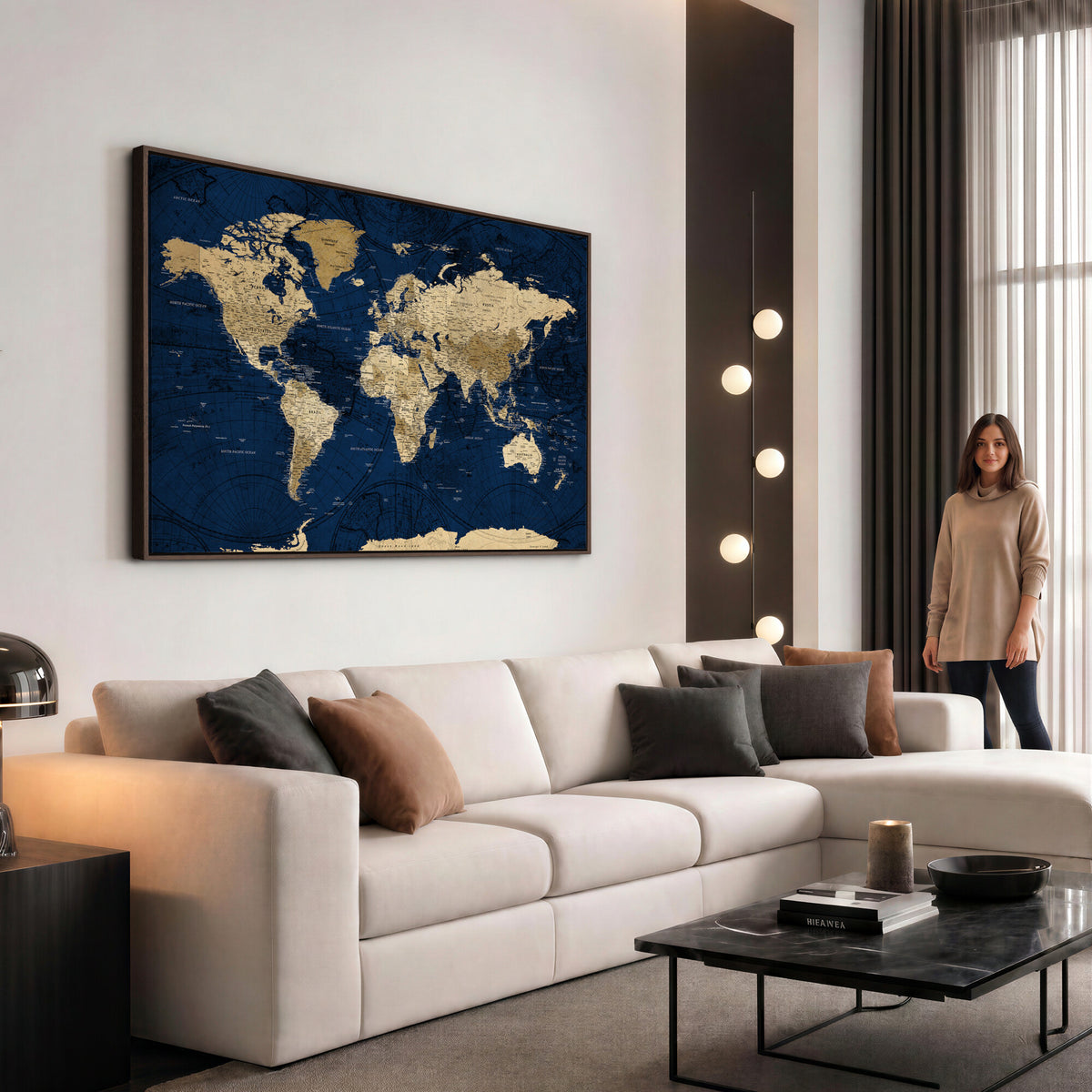 54770746-MGV-CV-36X24 - Navy Blue World Map Canvas Print – Detailed Map Minimal Navy