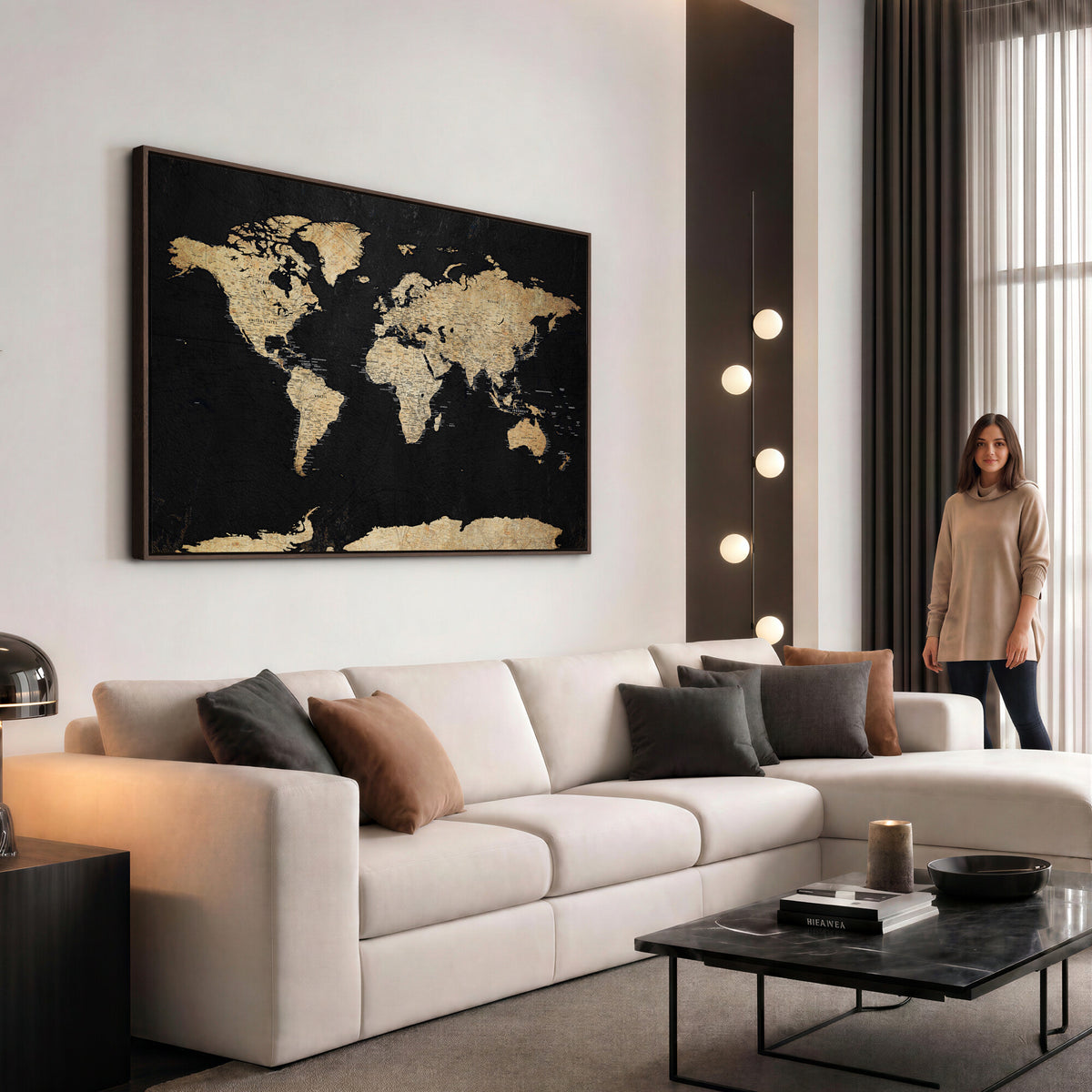 71518849-MGV-CV-36X24 - Beige World Map Canvas Wall Art Print, Minimal Black and