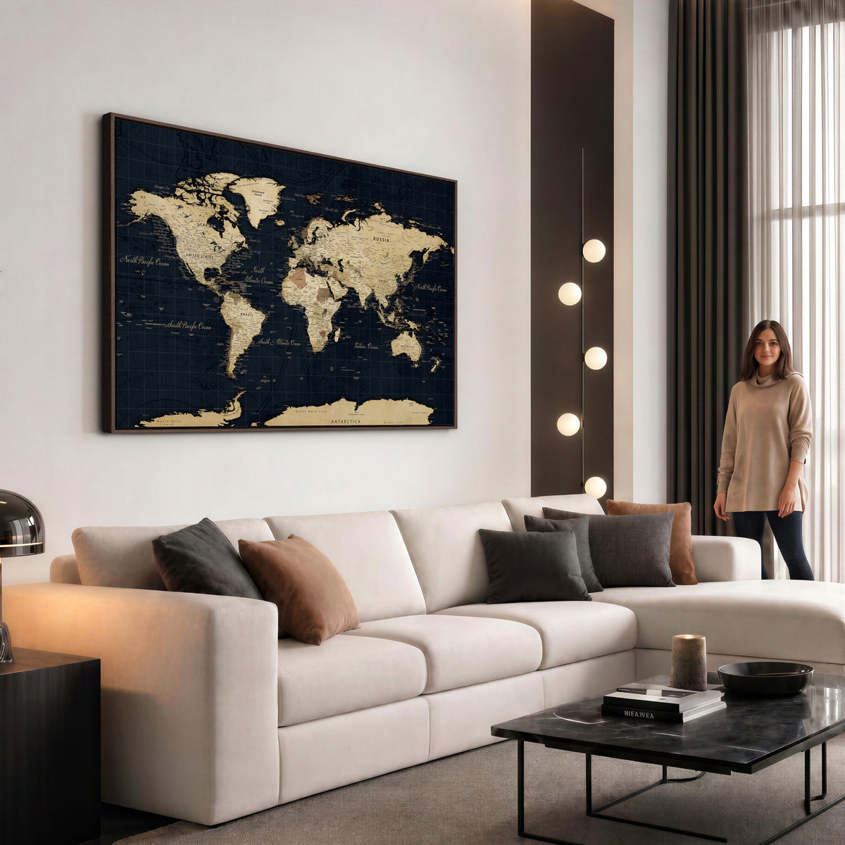 45063434-MGV-CV-36X24 - Dark World Map Canvas Wall Art Print, Minimal Black and Gold Map