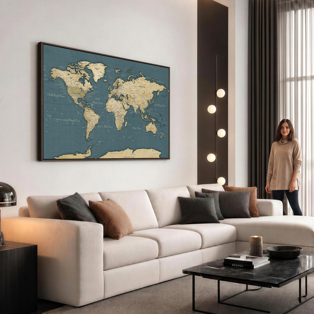99599383-MGV-CV-36X24 - Minimal Vintage World Map Canvas Wall Art Print, Neutral