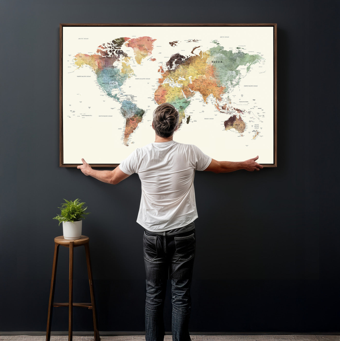 64206059-MGV-CV-36X24 - World Map Wall Art Canvas Print, Modern Decorative Framed Map Artwork Prints for Living Room, Office, Bedroom Wall Decor
