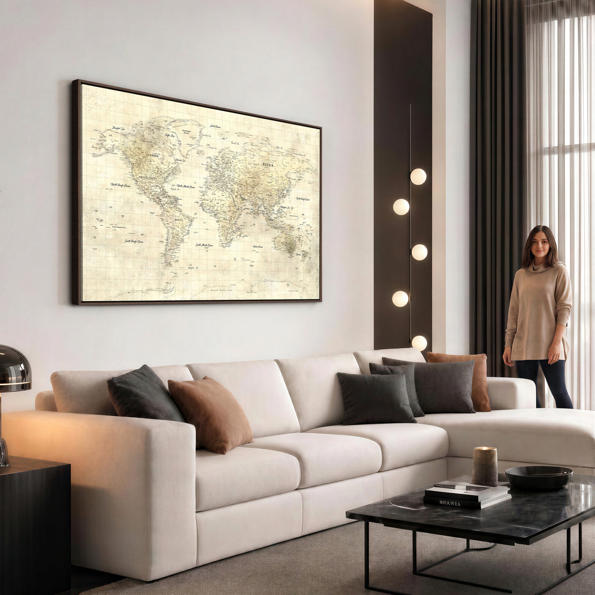 17101439-MGV-CV-36X24 - World Map Wall Art Canvas Print, Modern Decorative Framed Map Artwork Prints for Living Room, Office, Bedroom Wall Decor