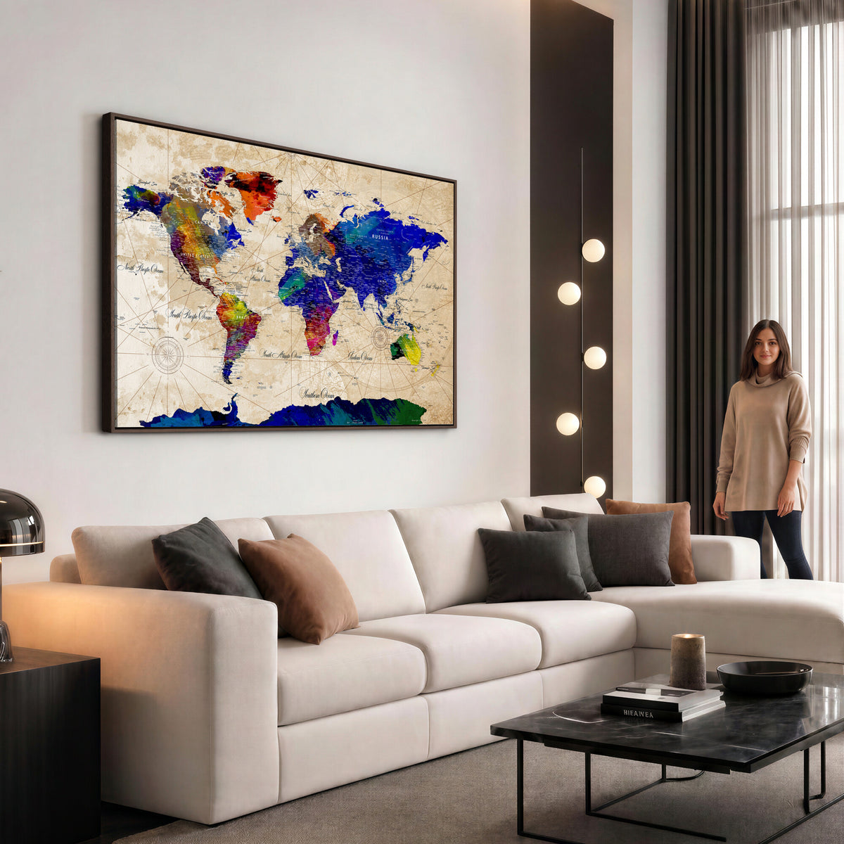 26284075-MGV-CV-36X24 - World Map Wall Art Canvas Print, Modern Decorative Framed Map Artwork Prints for Living Room, Office, Bedroom Wall Decor