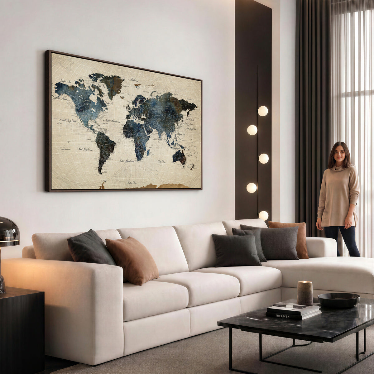 72927803-MGV-CV-36X24 - World Map Wall Art Canvas Print, Modern Decorative Framed Map Artwork Prints for Living Room, Office, Bedroom Wall Decor
