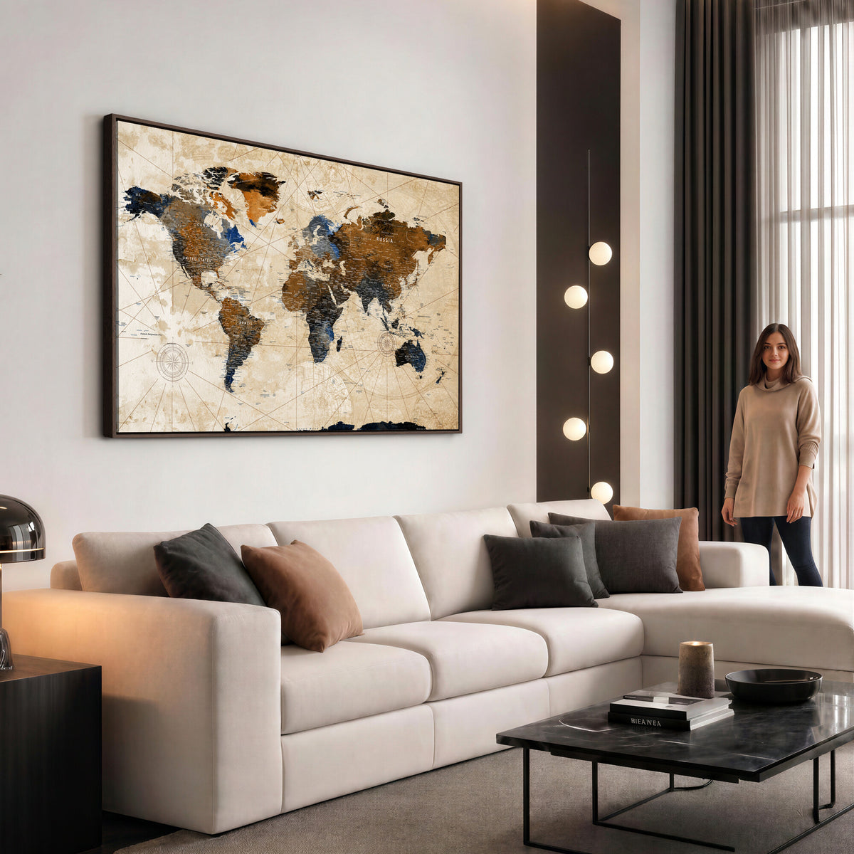 15727090-MGV-CV-36X24 - World Map Wall Art Canvas Print, Modern Decorative Framed Map Artwork Prints for Living Room, Office, Bedroom Wall Decor