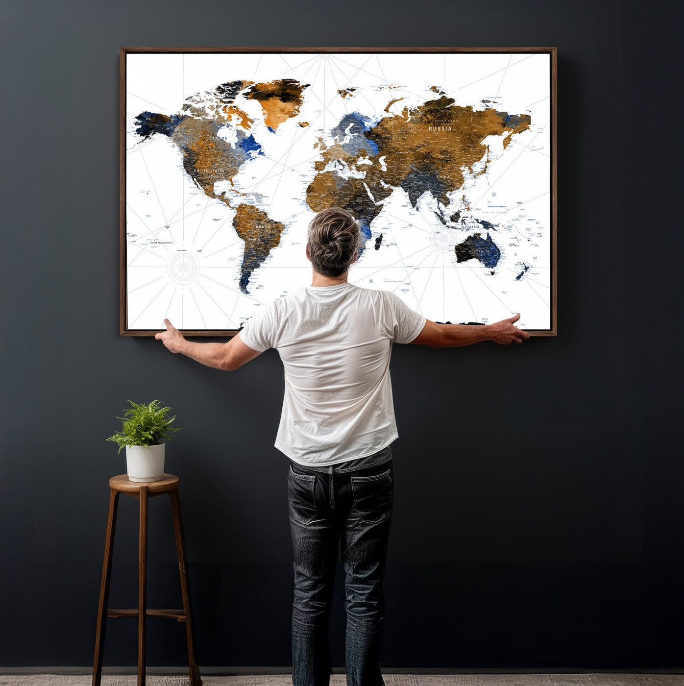 56364879-MGV-CV-36X24 - World Map Wall Art Canvas Print, Modern Decorative Framed Map Artwork Prints for Living Room Decor