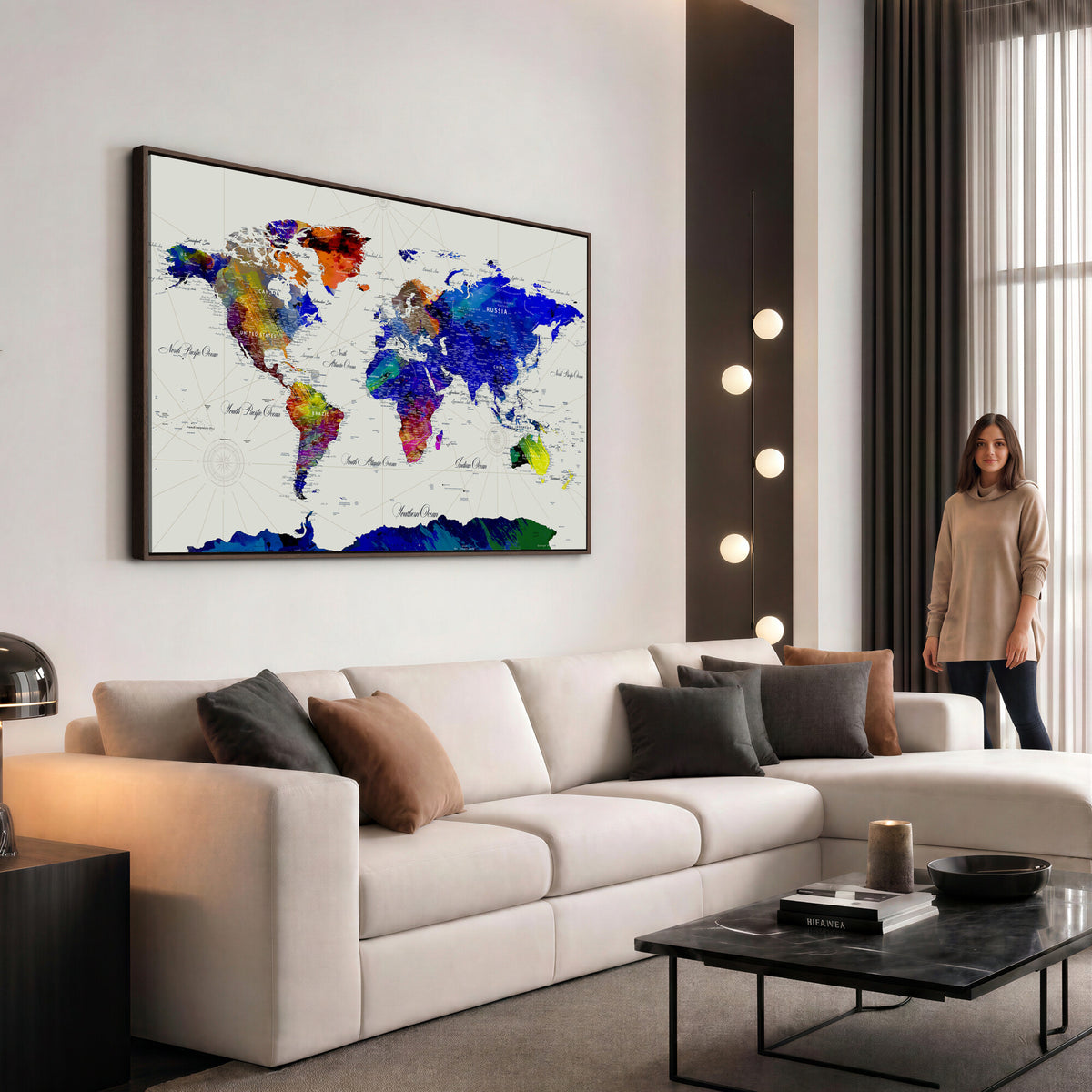 49670038-MGV-CV-36X24 - World Map Wall Art Canvas Print, Modern Decorative Framed Map Artwork Prints for Living Room, Office, Bedroom Wall Decor