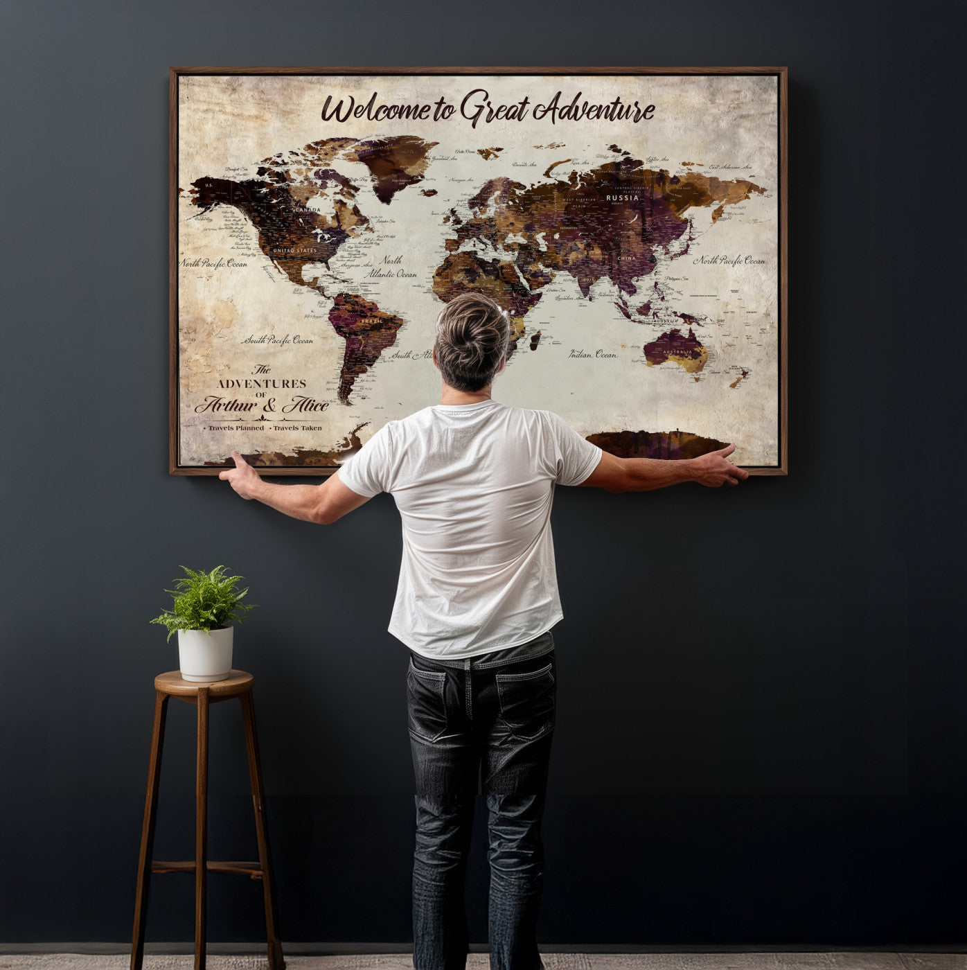 64110391126-MGV-CV-36X24-Custom Push Pin World Map Wall Art Canvas Print – Personalized Travel Tracker with Pins Framed Large for Home and Office Decor
