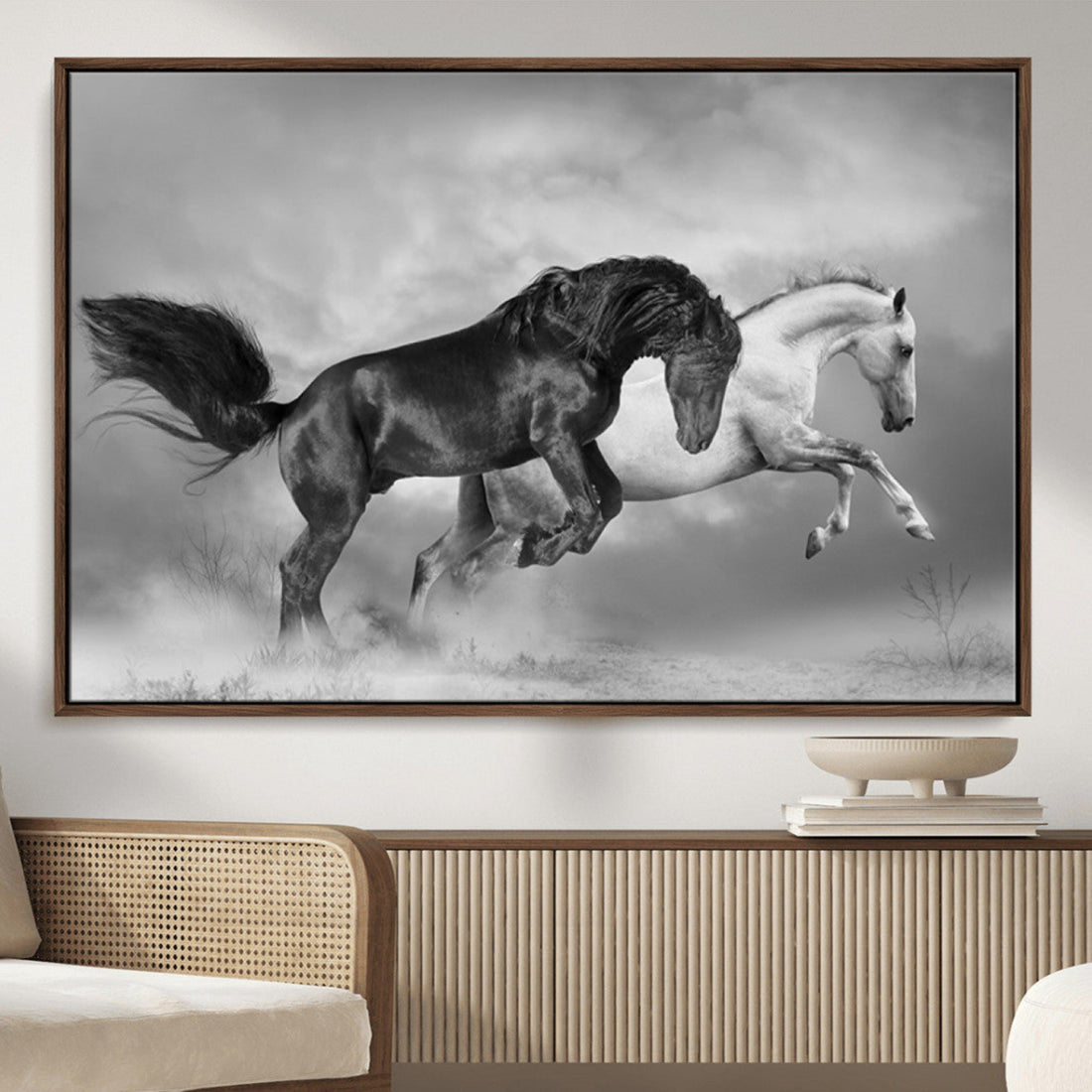 Wild Horses Wall Art Canvas Print, Framed Black and White Galloping Horses