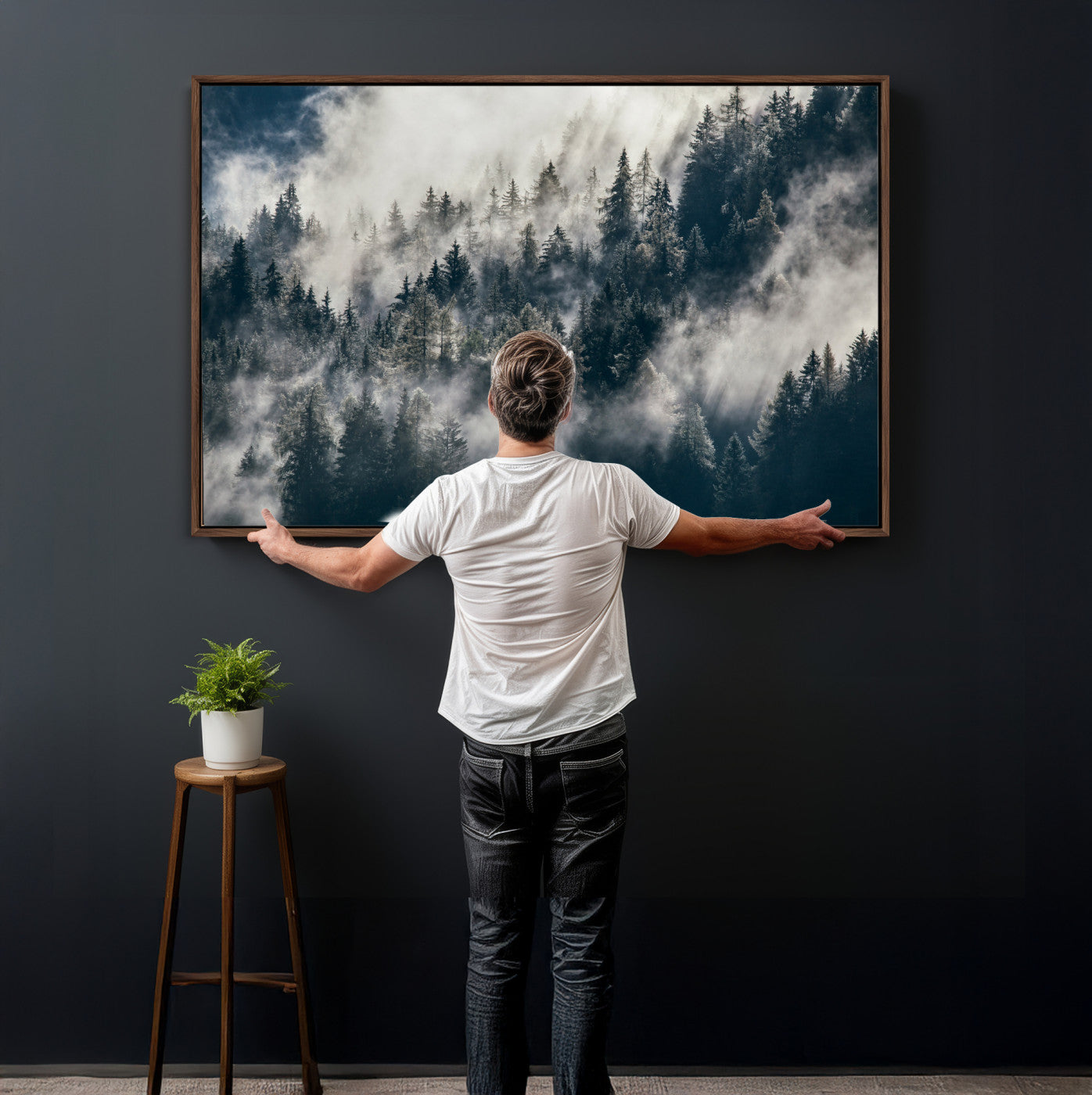 63405824-MGV-CV-36X24 - Foggy Mountain Forest Canvas Print, Misty Pine Trees Nature Wall Art, Framed Canvas Ready to Hang