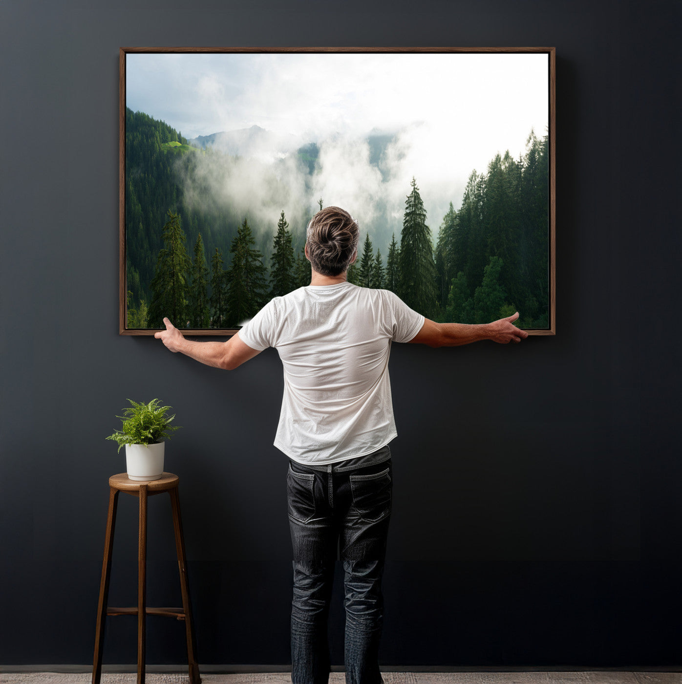 67174129-MGV-CV-36X24 - Misty Mountain Forest Canvas Print, Foggy Pine Trees Nature Wall Art, Framed Canvas Ready to Hang