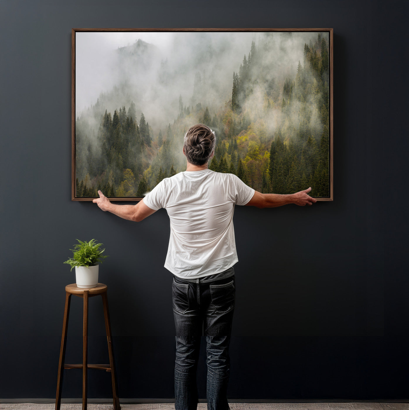 31152954-MGV-CV-36X24 - Misty Mountain Forest Canvas Print, Foggy Pine Trees Nature Wall Art, Framed Canvas Ready to Hang