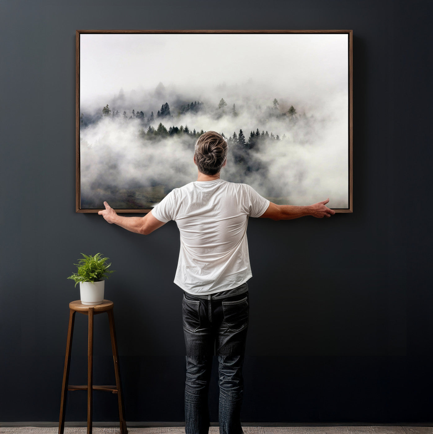 63235457-MGV-CV-36X24 - Foggy Forest Wall Art Canvas Print, Misty Pine Tree Landscape Wall Art Print, Framed Wall Art Ready to Hang