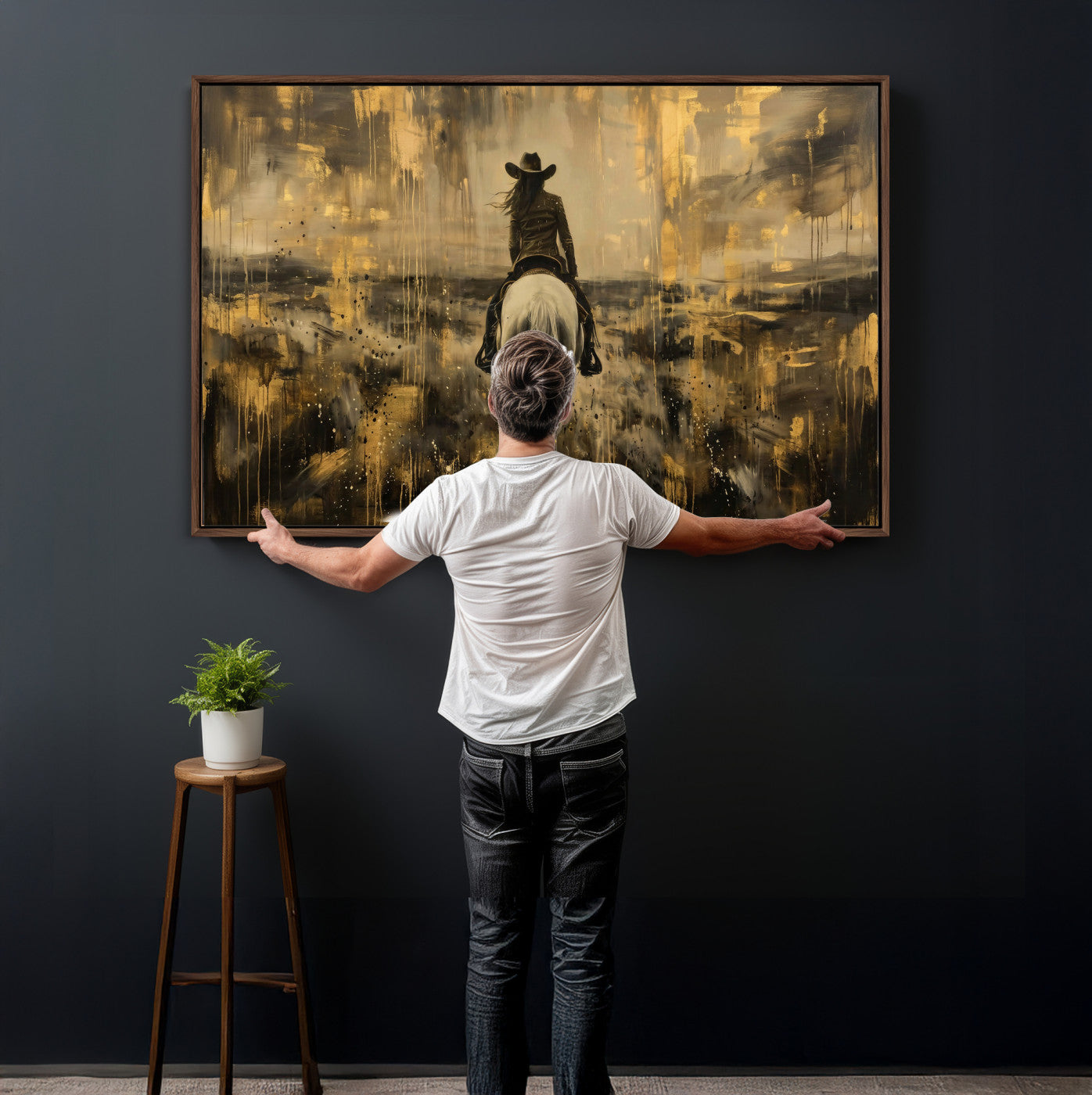 20465530-MGV-CV-36X24 - Cowgirl Wall Art Canvas Print, Western Horse Rider Wall Art, Framed Wall Art Ready to Hang