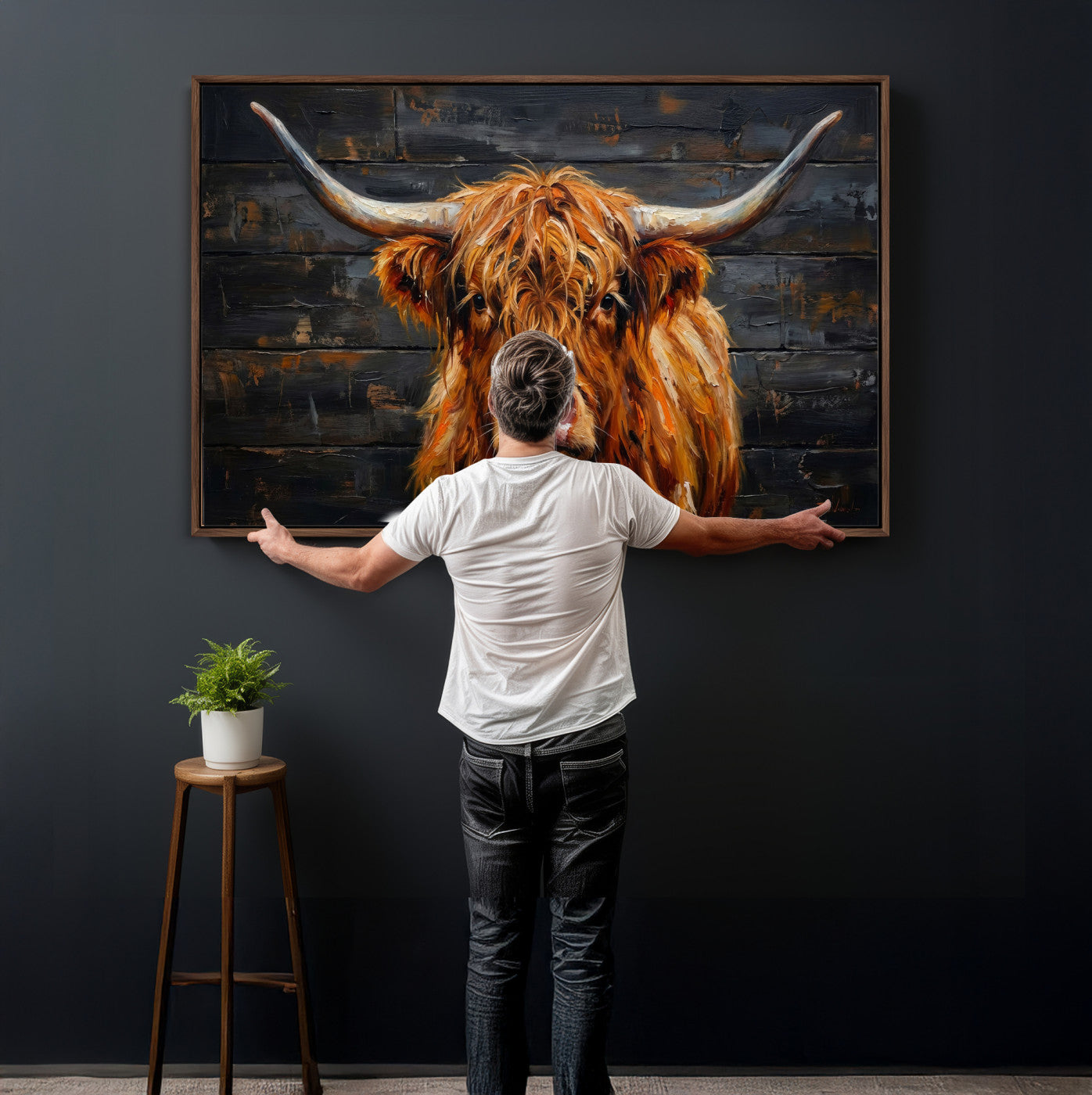 32536611-MGV-CV-36X24 - Highland Cow Wall Art Canvas Print, Rustic Farm Animal Painting, Framed Wall Art Ready to Hang