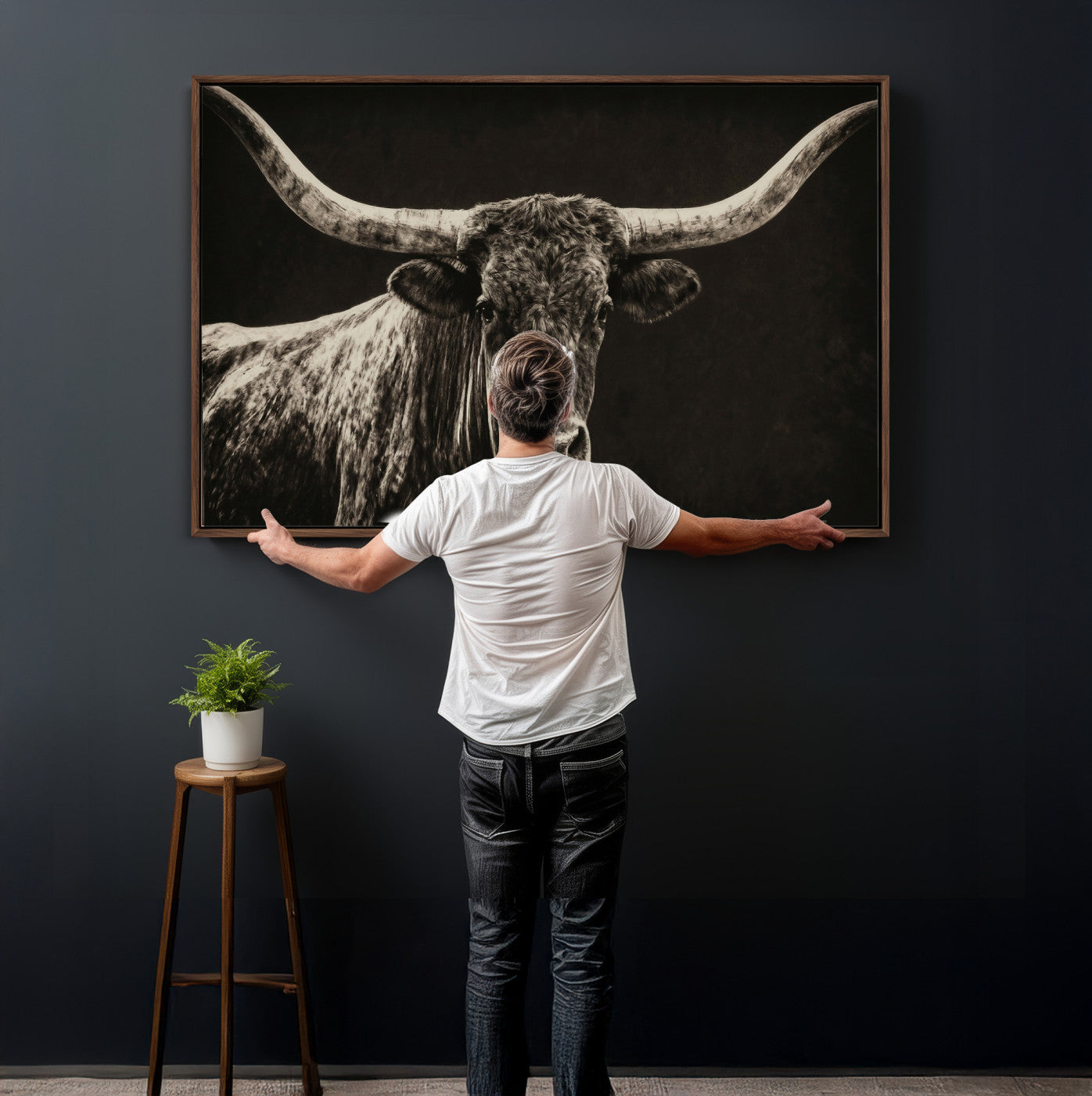 74513721-MGV-CV-36X24 - Vintage Texas Longhorn Bull Wall Art Canvas Print, Cow Portrait Photography Print, Framed Wall Art Ready to Hang