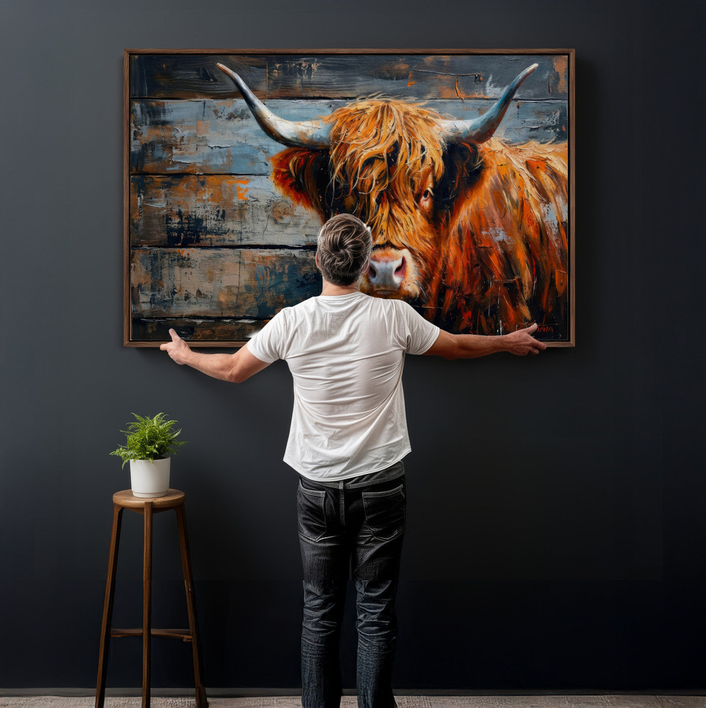90271423-MGV-CV-36X24 - Highland Cow Wall Art Canvas Print, Abstract Rustic Farm Animal Wall Art Print, Framed Wall Art Ready to Hang