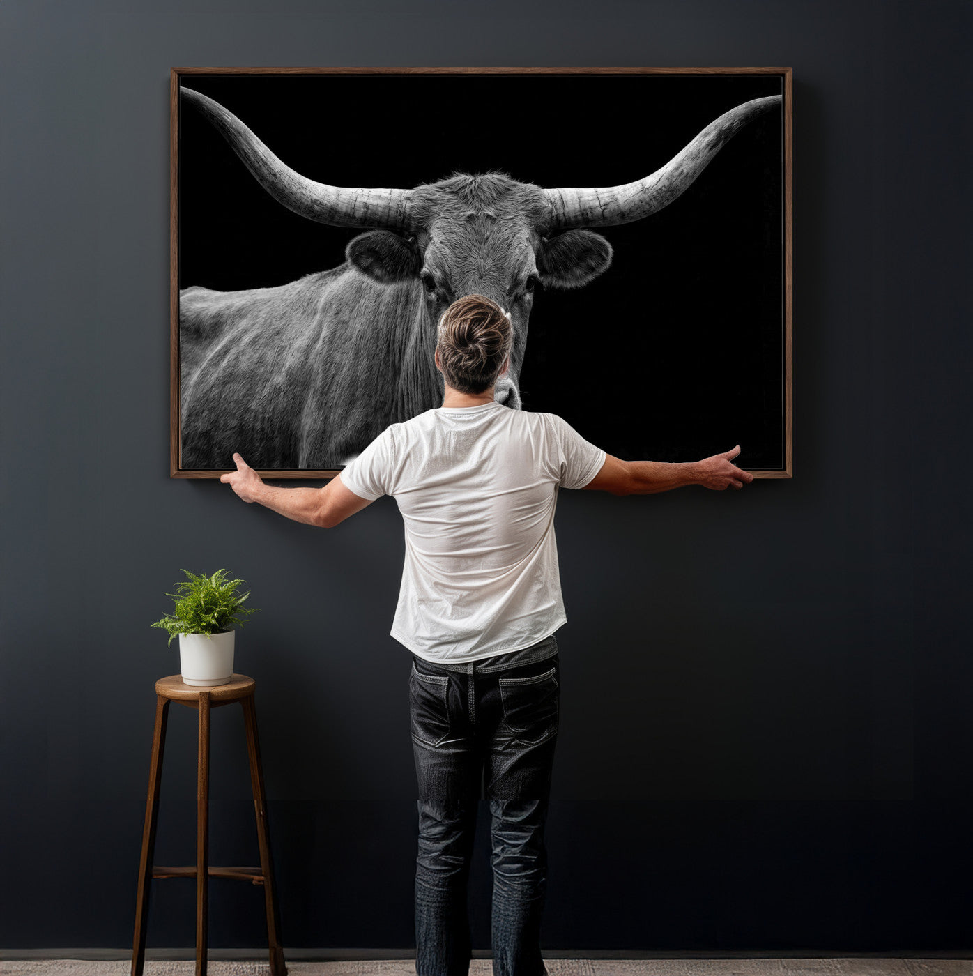 32601430-MGV-CV-36X24 - Texas Longhorn Bull Wall Art Canvas Print, Cow Portrait Photography, Framed Wall Art Ready to Hang