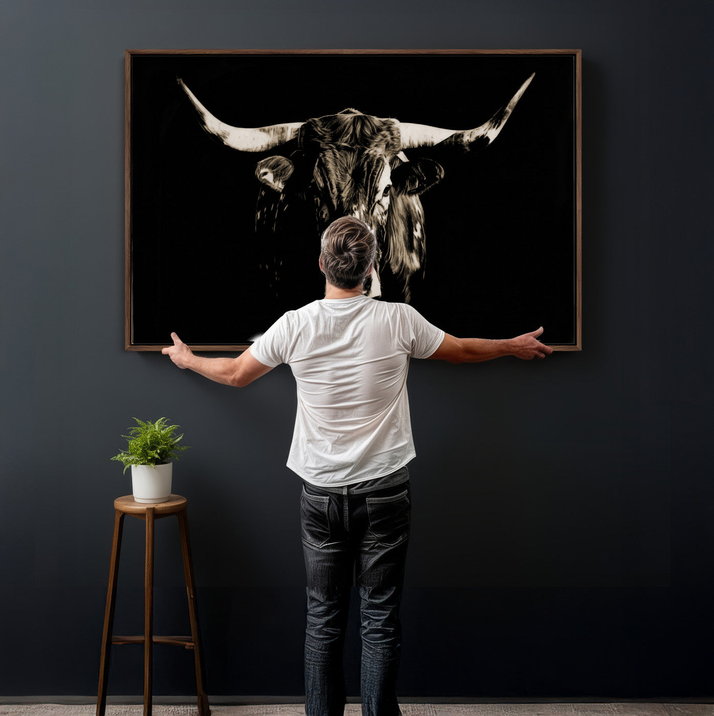 75774468-MGV-CV-36X24 - Black Bull Wall Art Canvas Print, Dark Longhorn Portrait Photography, Framed Wall Art Ready to Hang