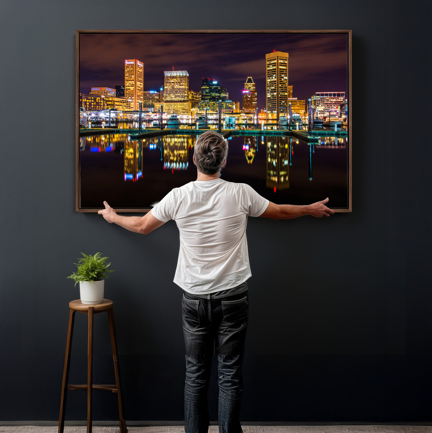 38201692-MGV-CV-36X24 - Baltimore Skyline Wall Art Canvas Print, Baltimore Downtown Night Cityscape Print for Modern Urban Wall Decor