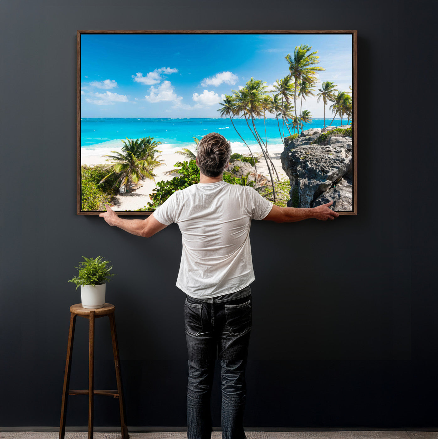 79995168-MGV-CV-36X24 - Barbados Beach Wall Art Canvas Print, Palm Tree Ocean Landscape, Turquoise Sea Coastal Photography, Tropical Island Wall Decor, Framed Ready to Hang