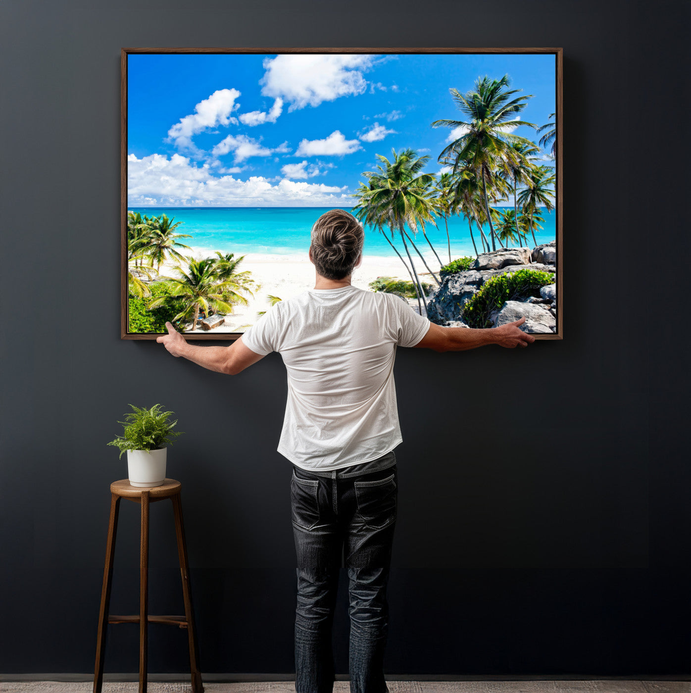 29232878-MGV-CV-36X24 - Barbados Beach Wall Art Canvas Print, Palm Tree Ocean Landscape, Turquoise Sea Coastal Photography, Tropical Island Wall Decor, Framed Ready to Hang