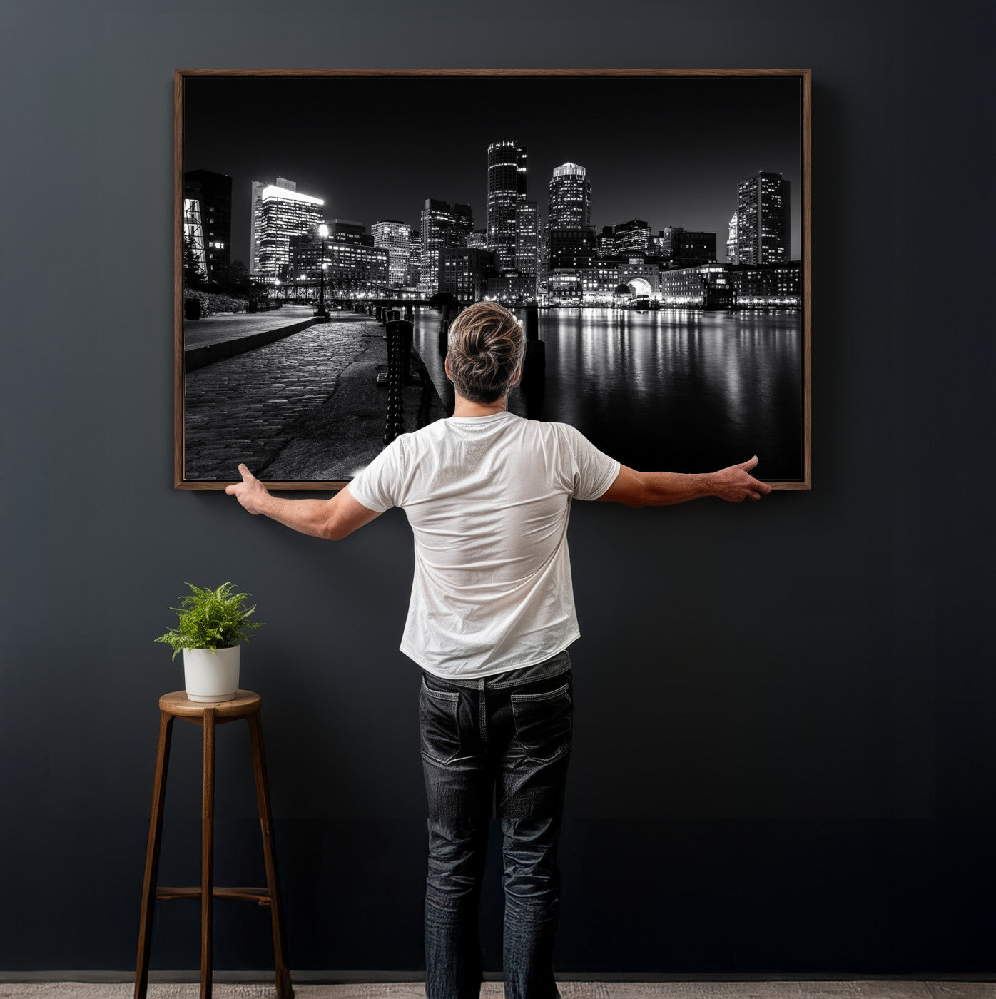 53082656-MGV-CV-36X24 - Boston Wall Art Canvas Print, Boston City Downtown Night Cityscape Print for Modern Urban Wall Decor