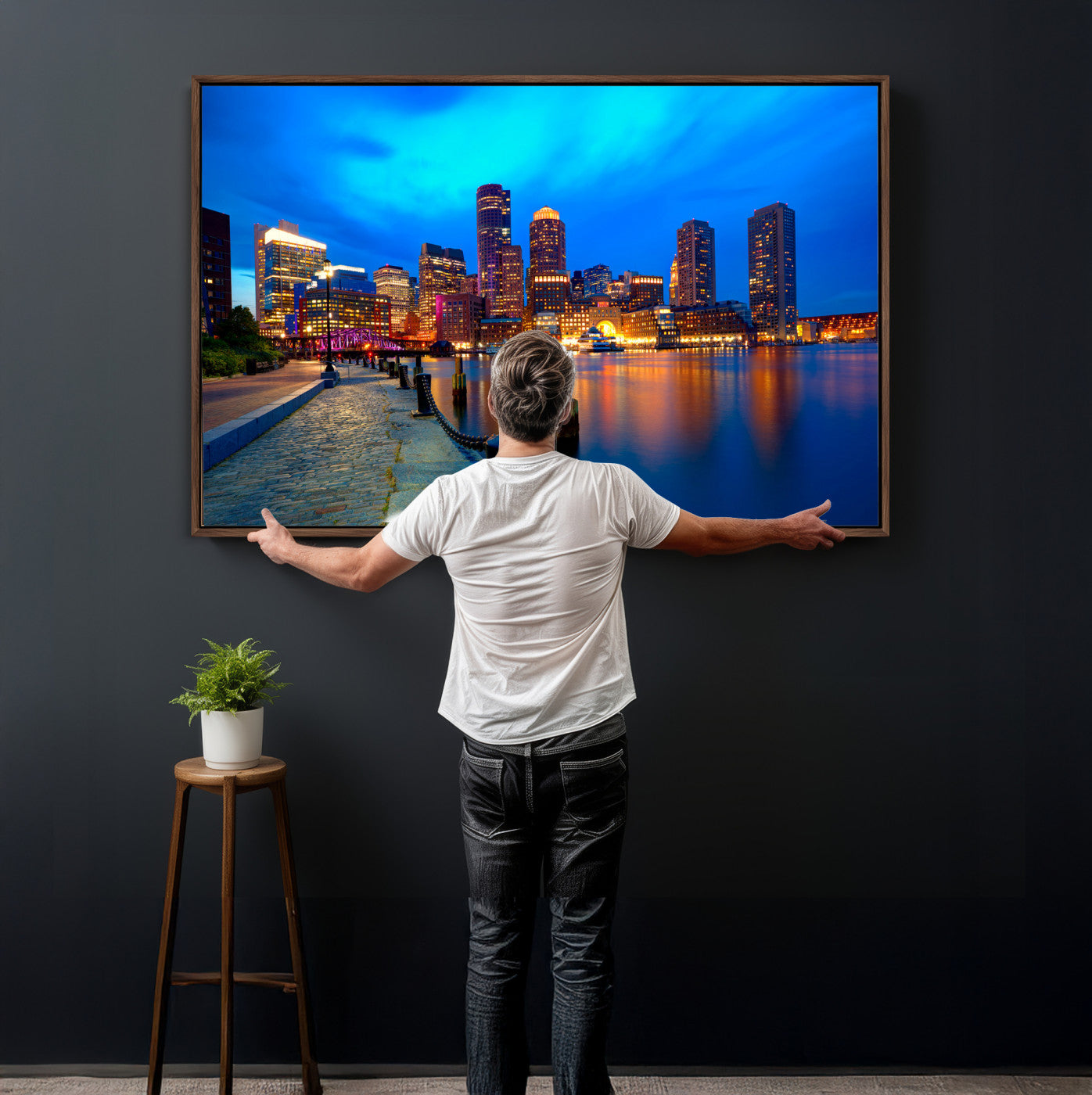 69619565-MGV-CV-36X24 - Boston Wall Art Canvas Print, Boston City Downtown Night Cityscape Print for Modern Urban Wall Decor