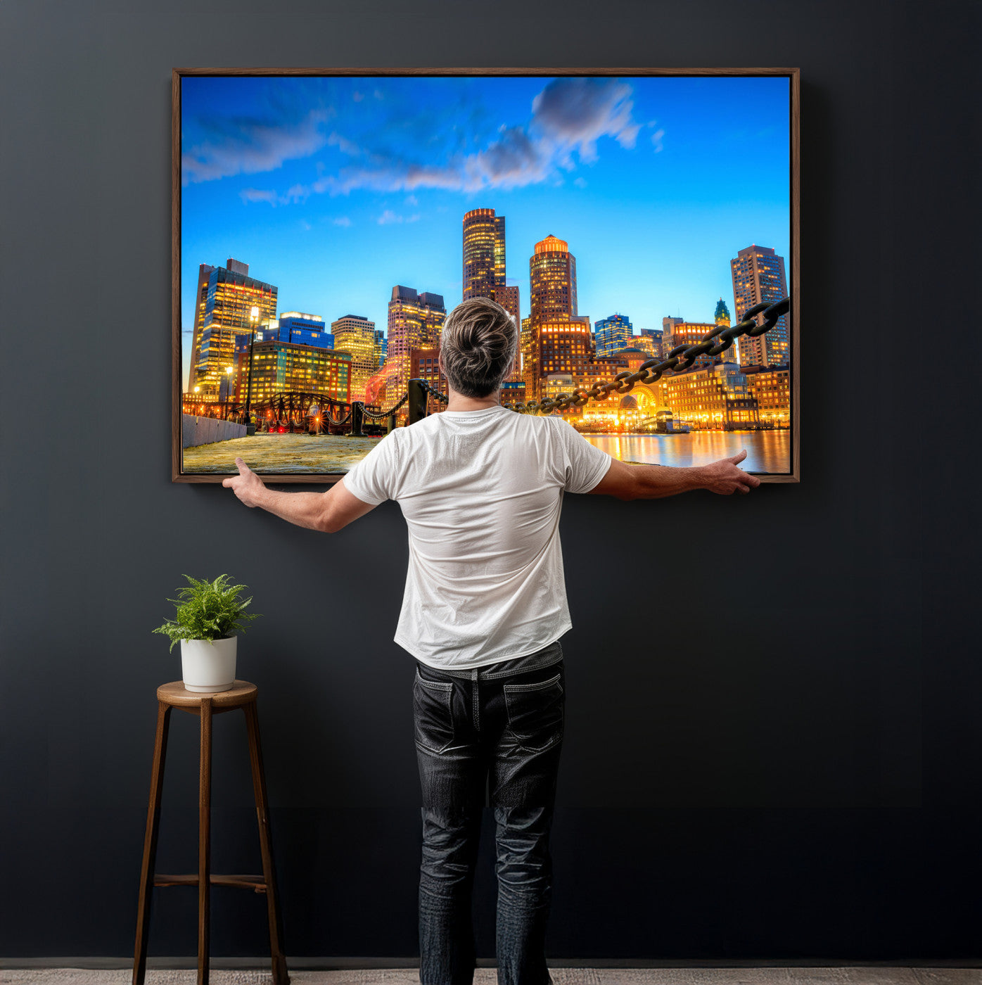 46736409-MGV-CV-36X24 - Boston Wall Art Canvas Print, Boston City Downtown Night Cityscape Print for Modern Urban Wall Decor