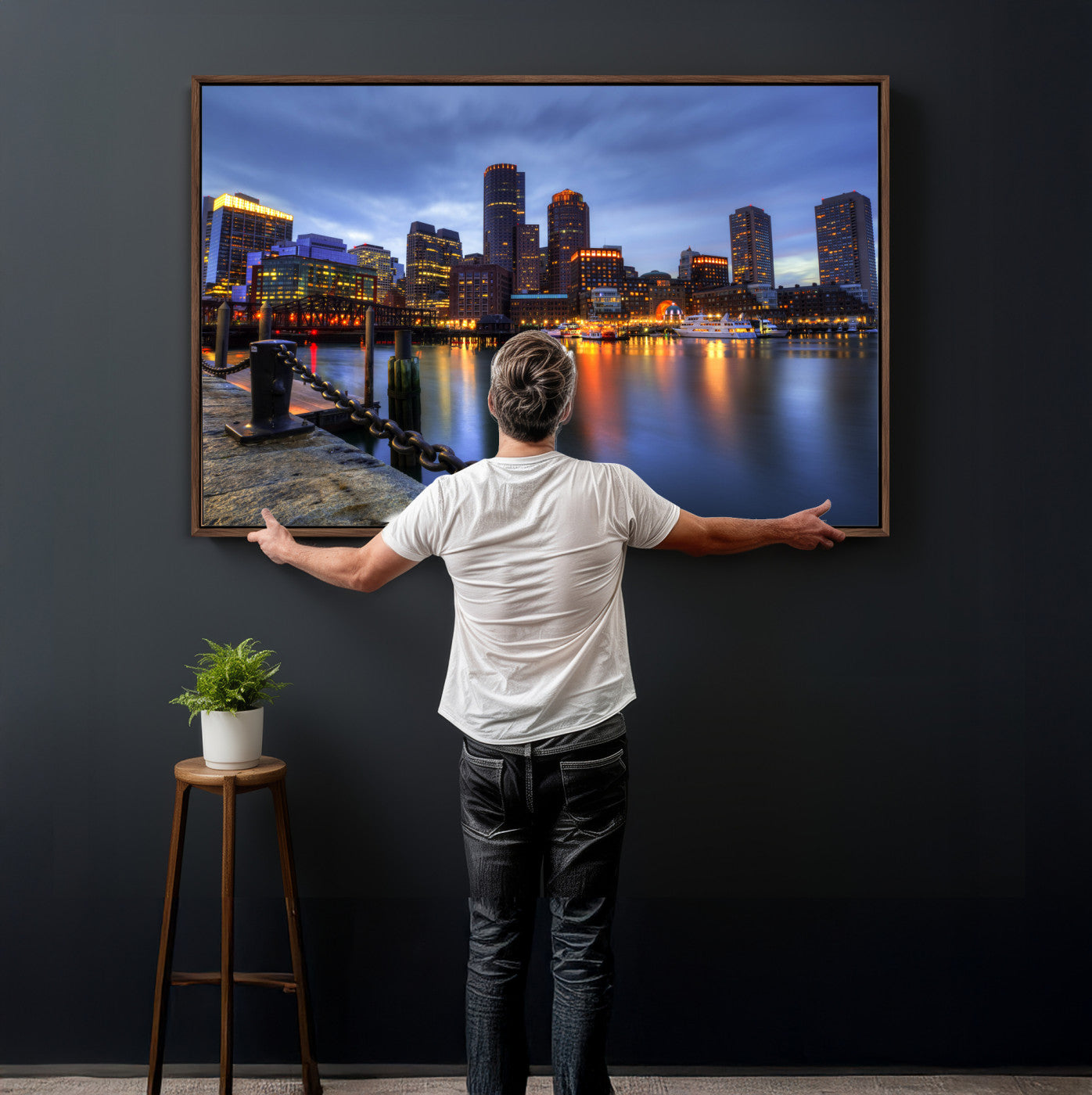 82439622-MGV-CV-36X24 - Boston Wall Art Canvas Print, Boston City Downtown Night Cityscape Print for Modern Urban Wall Decor