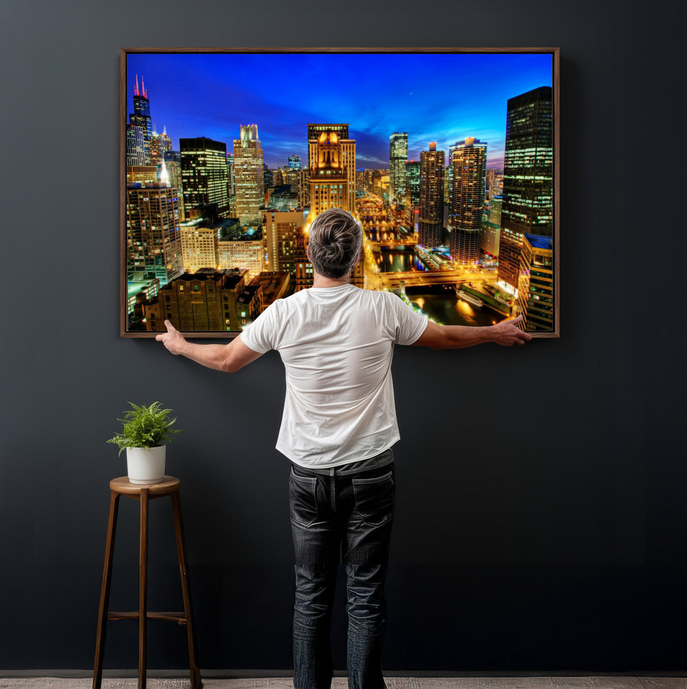 46298885-MGV-CV-36X24 - Chicago Wall Art Canvas Print, Chicago City Downtown Night Cityscape Print for Modern Urban Wall Decor