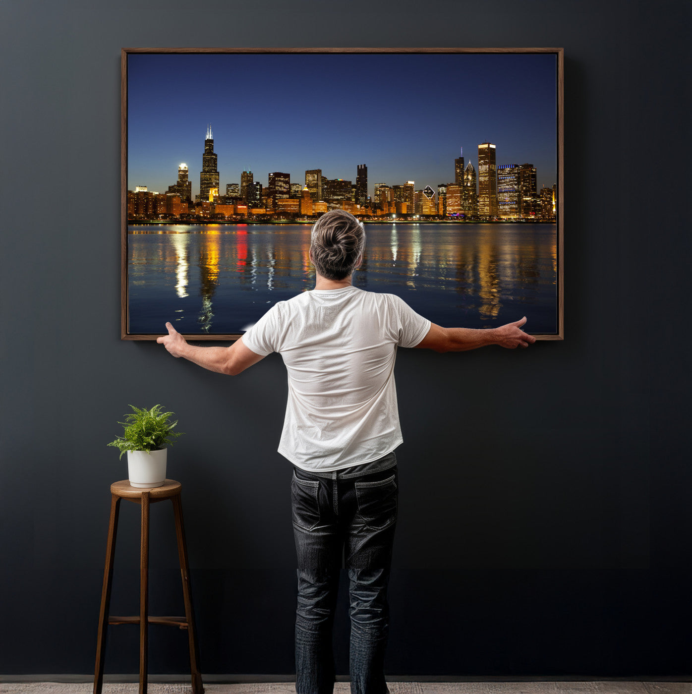 67308035-MGV-CV-36X24 - Chicago Wall Art Canvas Print, Chicago City Downtown Night Cityscape Print for Modern Urban Wall Decor