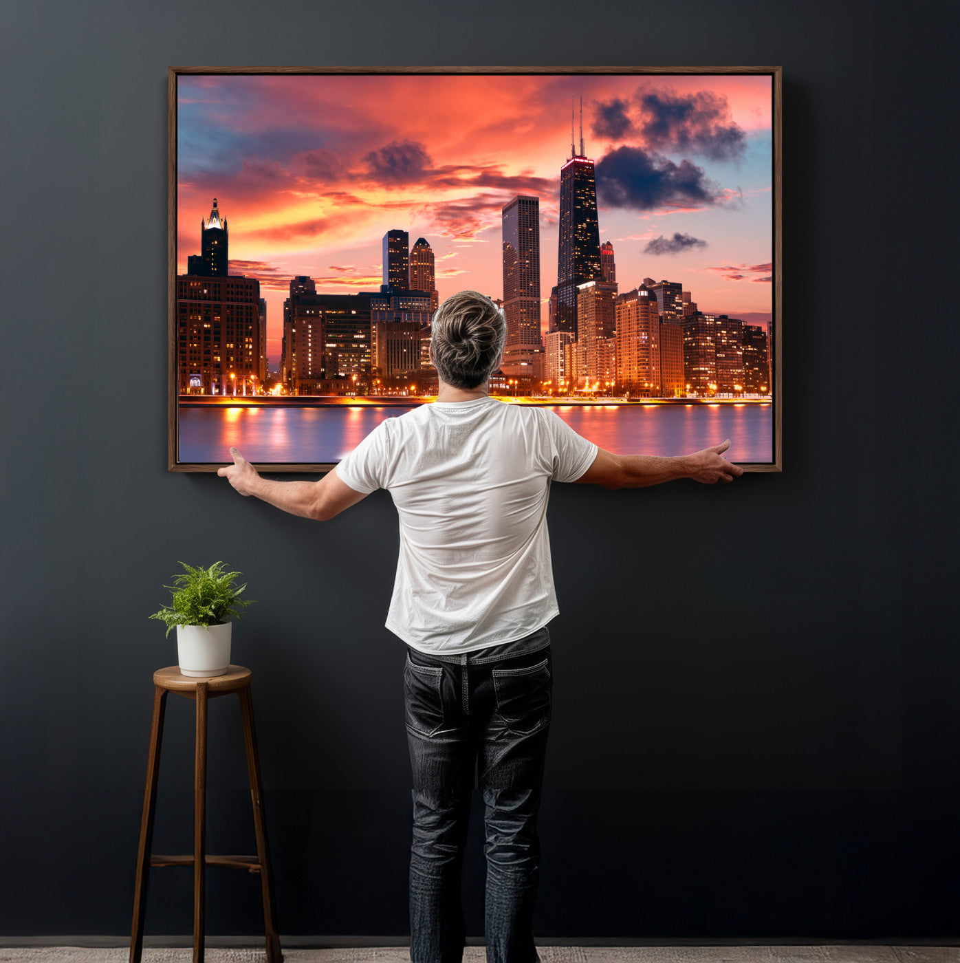 80390109-MGV-CV-36X24 - Chicago Wall Art Canvas Print, Chicago City Downtown Night Cityscape Print for Modern Urban Wall Decor