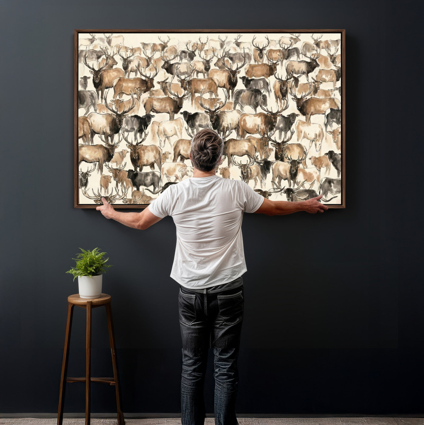 24374881-MGV-CV-36X24 - Farmhouse Animals Wall Art Canvas Print - Abstract Farm Animal Drawing Mid-Century Wall Art for Cabin Decor